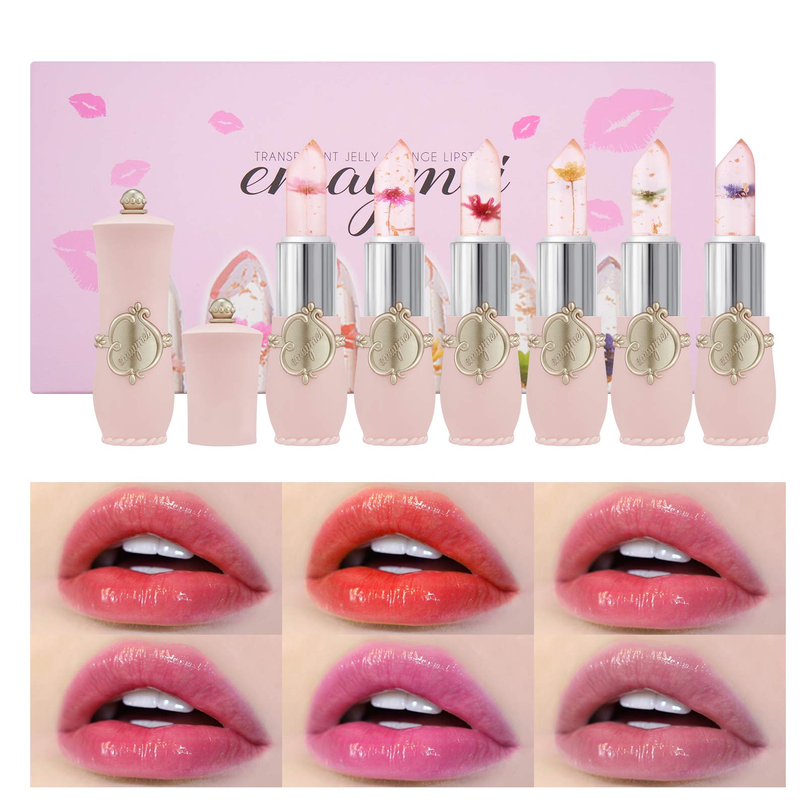 Mimore - Bálsamo labial con flor de gelatina de 6 piezas, lápiz labial de gelatina de cristal, lápiz labial hidratante con cambio de color de temperatura mágica