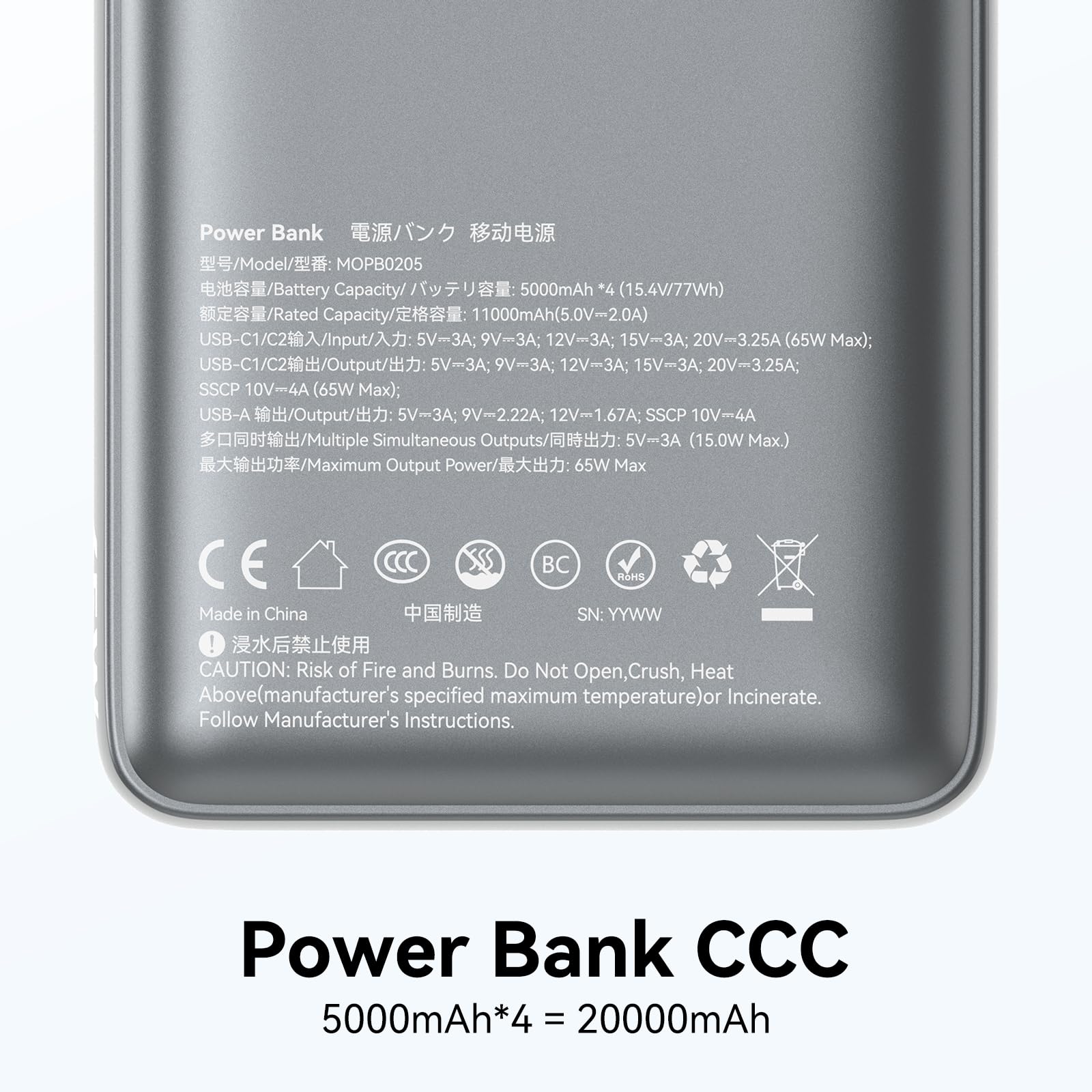 Power Bank, 65 W, 20000 mAh, funzione di ricarica rapida, USB C, PD3.0 e QC4.0, batteria esterna portatile per cellulare con display LED, compatibile con iPhone 17, 16, 15, 14, Samsung Galaxy S25, S24