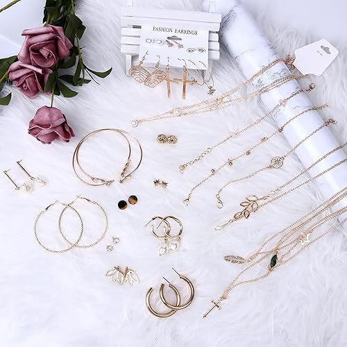 Miniatura 7 de AROIC - Juego de 38 piezas de joyería de oro con 4 collares 10 pulseras 24 aretes de argolla para mujeres y niñas bisutería regalo de joyería de