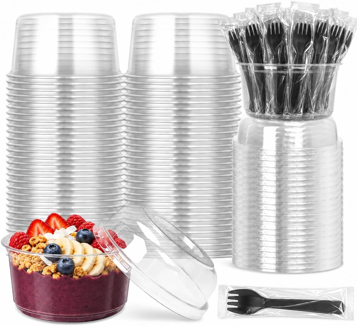 50 Pack 12 oz Plastic Dessert Bowls with Dome Lids and Sporks