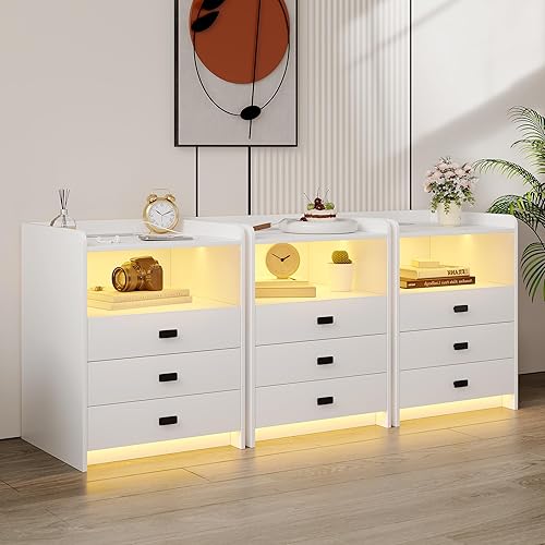 Miniatura 6 de Vlsrka Mesita de noche con estación de carga, mesita de noche LED con 24 colores, mesa auxiliar moderna con 3 cajones y almacenamiento abierto, mesa