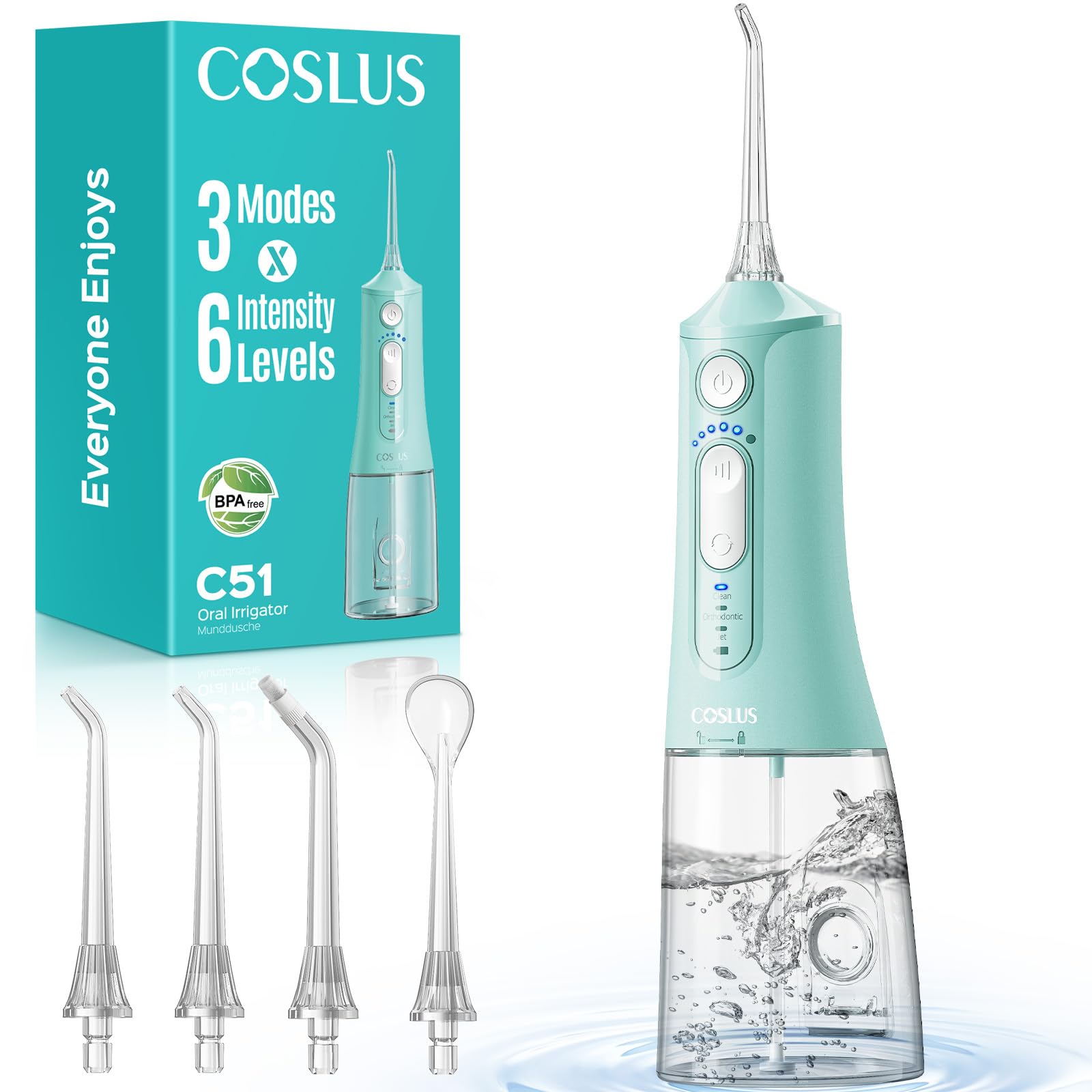 COSLUS C51 Munddusche Elektrische Kabellos Testsieger 2026: 3 Modi und 6 Druckeinstellungen - 300ML irrigator zähne für Oral Health Enthusiasten Benutzer mit empfindlichem Zahnfleisch - Grün