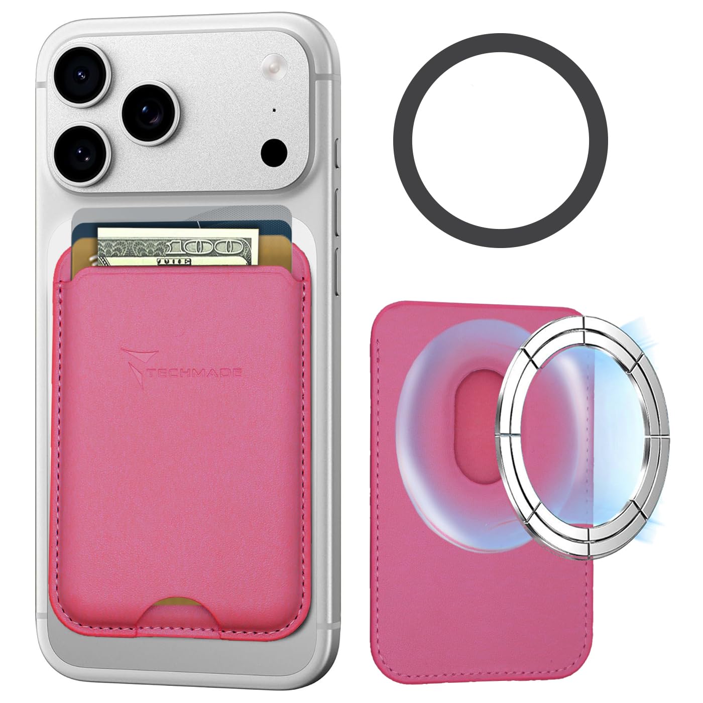 TECHMADE Portacarte MagSafe Compatibile per iPhone, Anello Adattatore Incluso - Spazio per 3 Carte o Contanti, Sistema di Estrazione Rapida - Blocco RFID, in Eco-Pelle Vegana (fucsia)