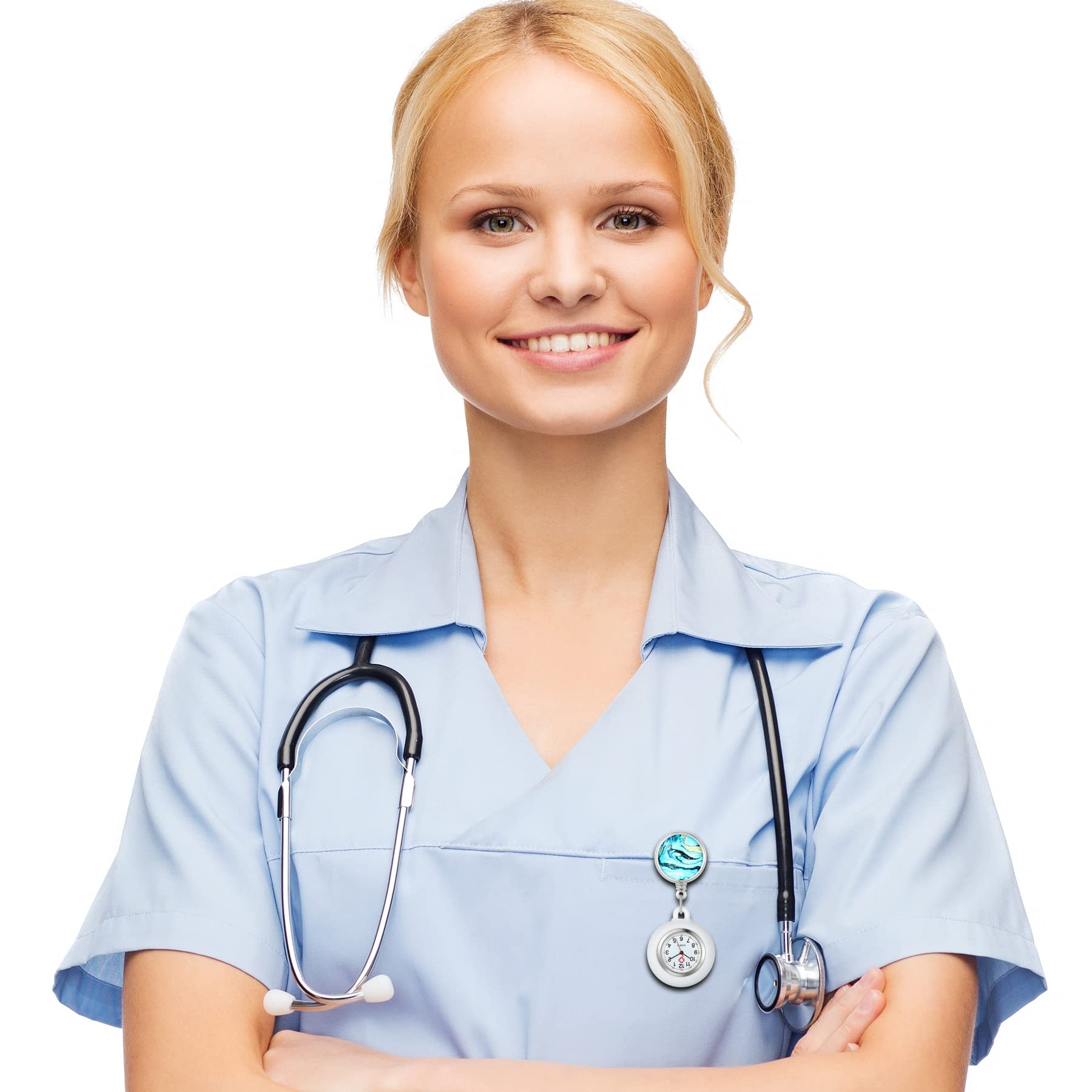 Lancardo Retractable Nurse Watch Clip On with Secondhand Stethoscope Lapel Fob Doctor Nurse Watch Novel Starry Sky Pattern Silicone Cover for Women and Men