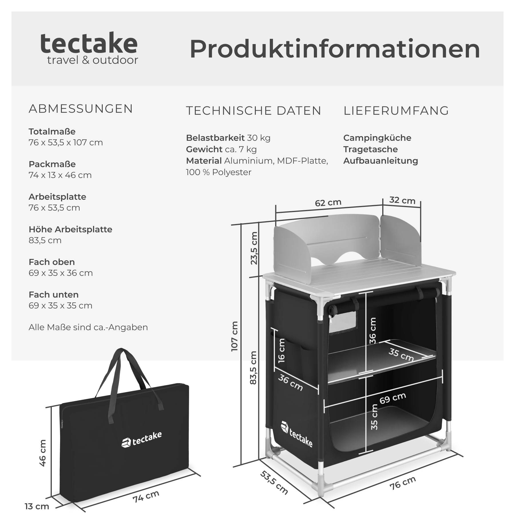 tectake® Camping Küche, Campingschrank faltbar, Reiseküche, Küchenschrank mit Arbeitsplatte und Staufächern für Outdoorküche, Vorzelt, Wohnwagen oder Auto Camping mit Tragetasche