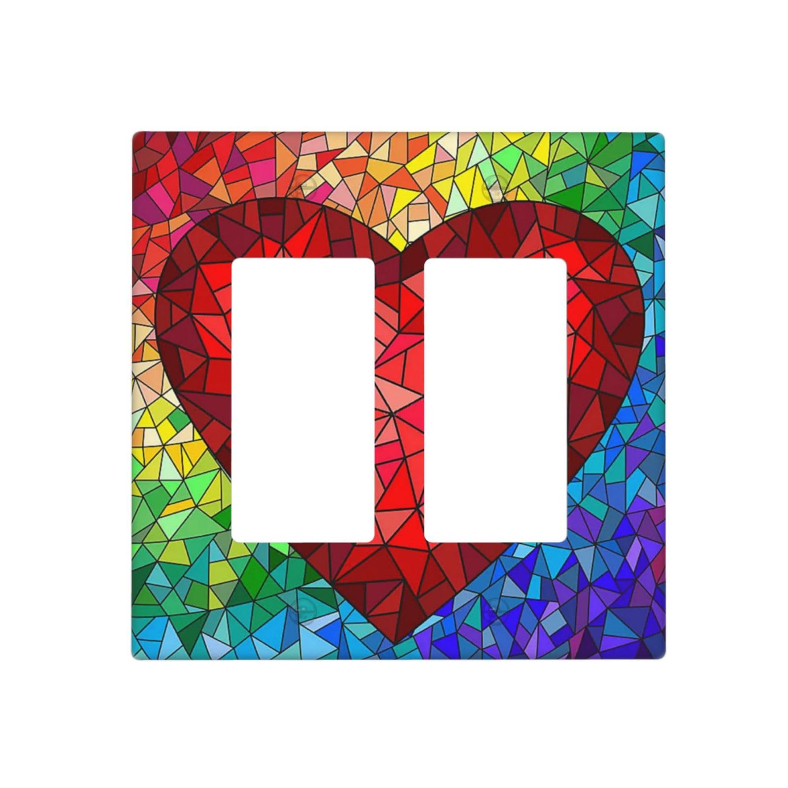 Colorful Painting Abstract Heart Pattern Double Rocker/Decora Outlet Covers 2 Gang Artistic Light Switch Cover Gfci Wall Plate Electrical Decorative Switch Plate Covers Faceplate for Country Bathroom