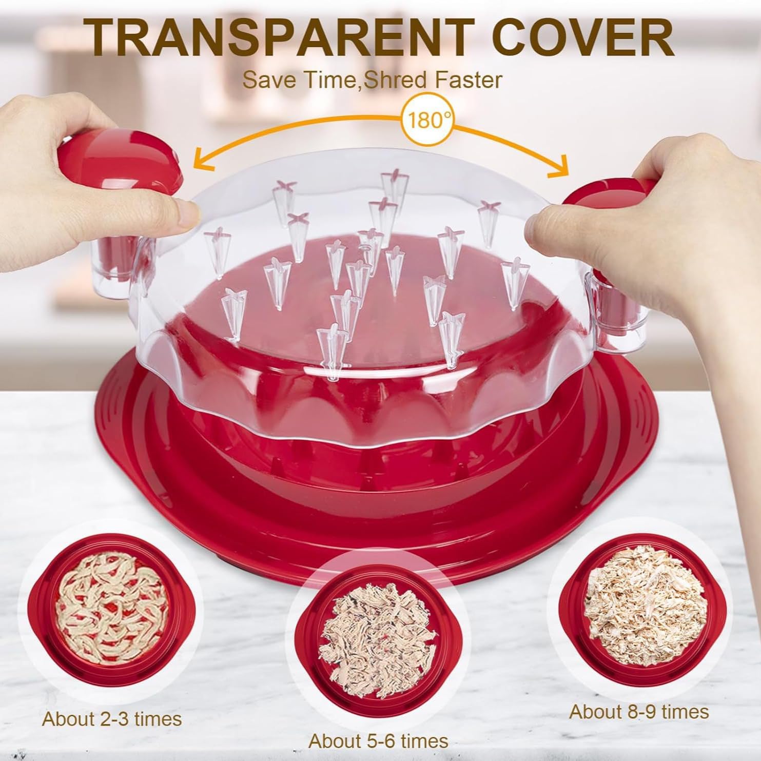 Broyeur de poulet Twist avec couvercle transparent - Broyeur de viande - Broyeur de poitrine de poulet - Brosse de nettoyage - Résistant à la chaleur - Antidérapant - Poignée ergonomique - Passe au