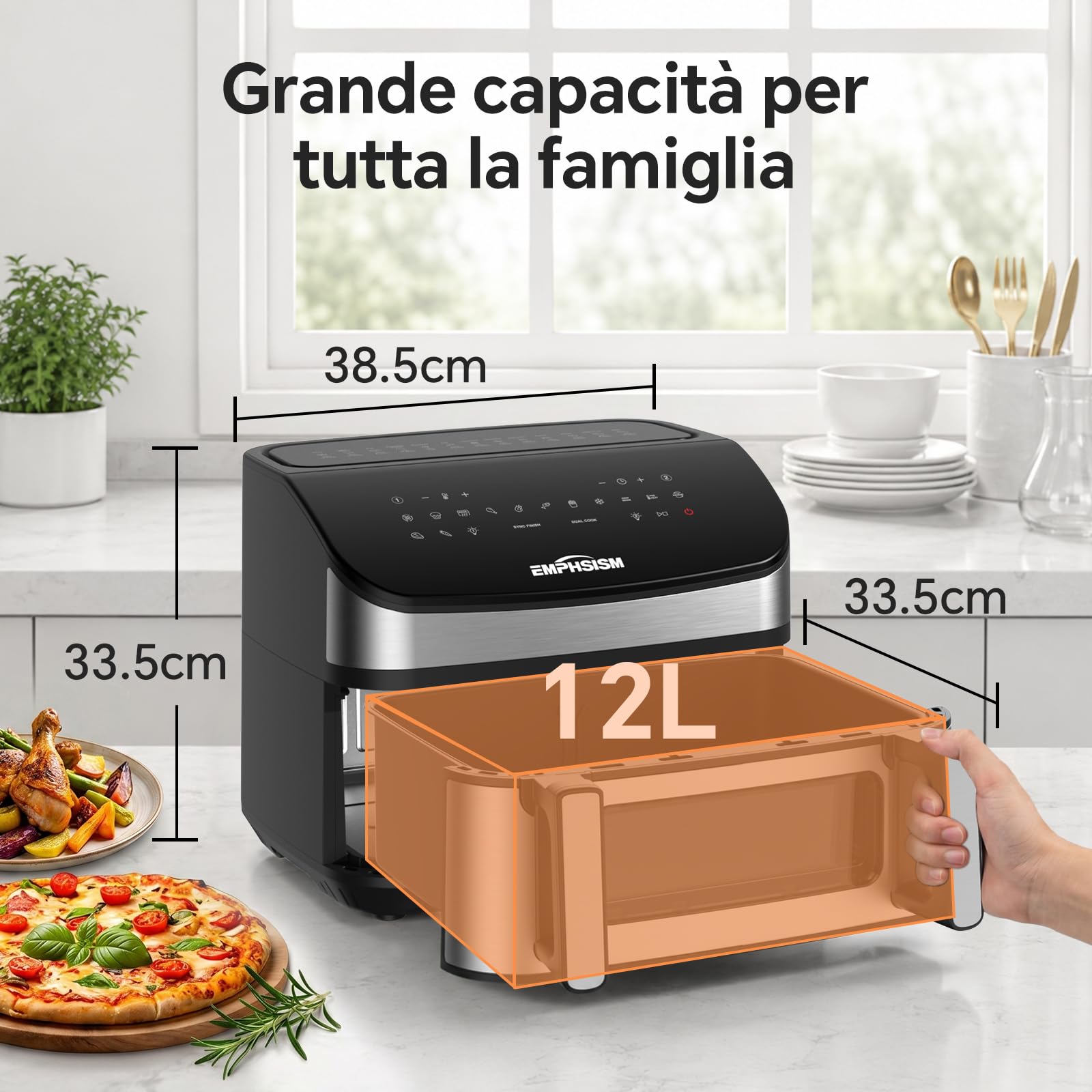Friggitrice ad Aria 12 Litri - Doppia Resistenza Airfryer, 2600W XXL Doppio Cestello Air Fryer, Flessibile 1 o 2 Zone, 13-in-1 con Schermo Touch, Finestra con Luce Interna, Grande per 4–7 Persone