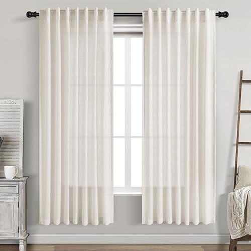 Nanspring Cortinas de lino blanco crema de 72 pulgadas de largo, juego de 2 paneles para sala de estar, con pestaña trasera, cortinas plisadas para