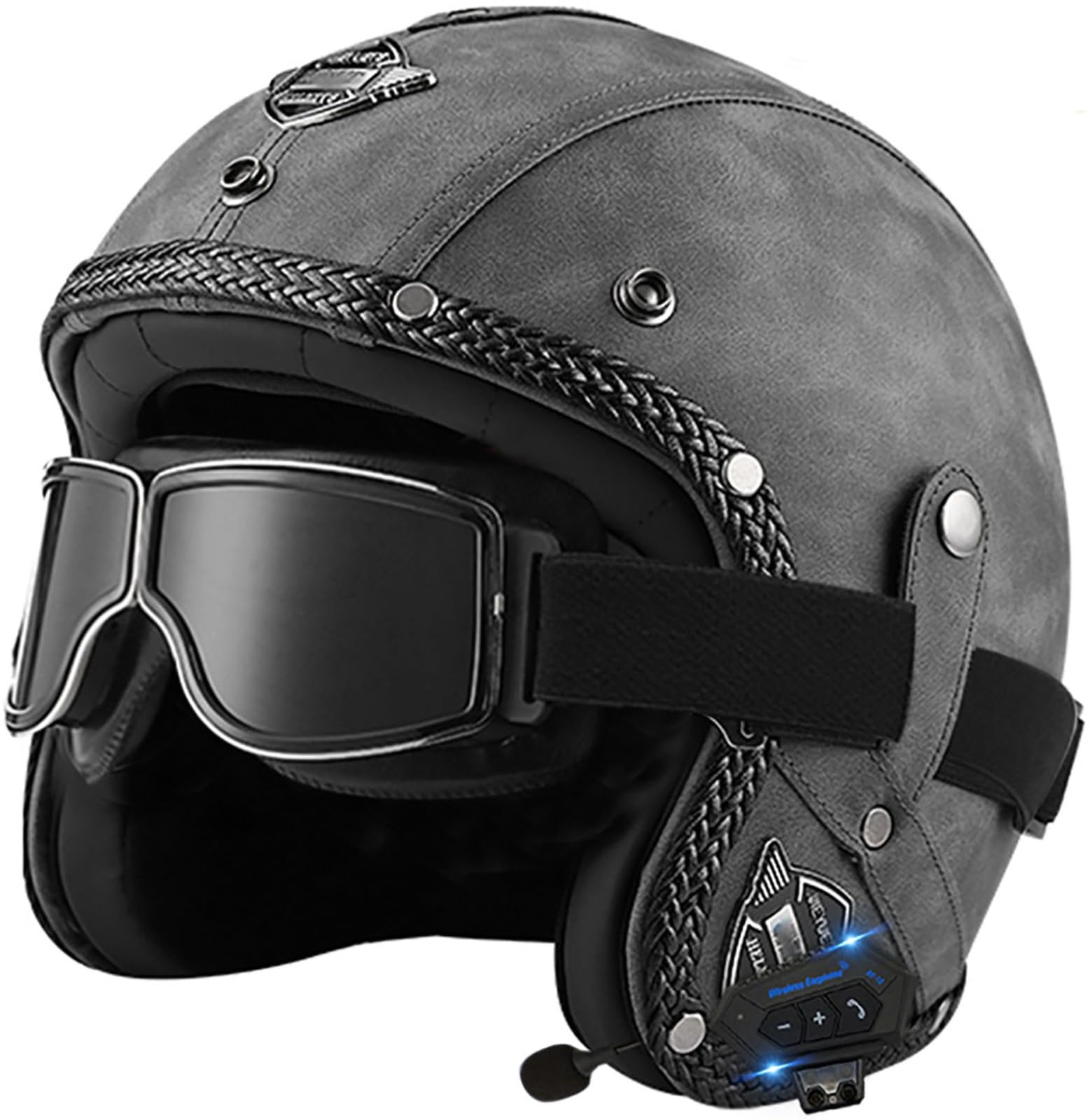 Retro Open Face Motorbike Helmet with Bluetooth, Leather Jet Helmet with Personalized Goggles, DOT Approved 3/4 Motorcycle Half Helmet, Crash Helmet for Adult Men and Women