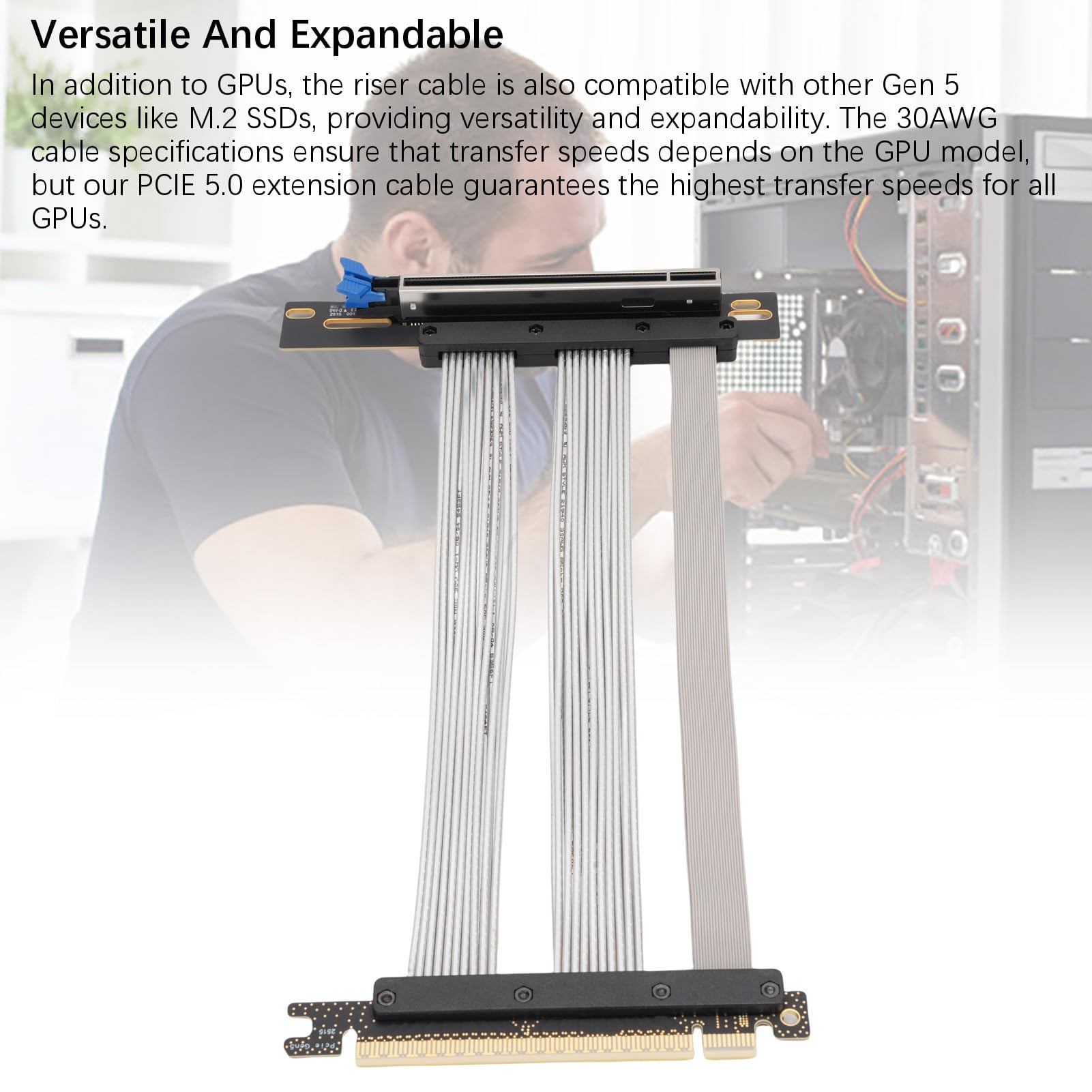 aqxreight Kabel Riser PCIe 5.0 16X Szybkie Rozszerzenie GPU dla RTX 4090, 5090 i RX Elastyczny Adapter Karty Graficznej Gen 5 z Ekranowaniem EMI Zgodny z ITX, Chłodzeniem cieczą i (20 cm)