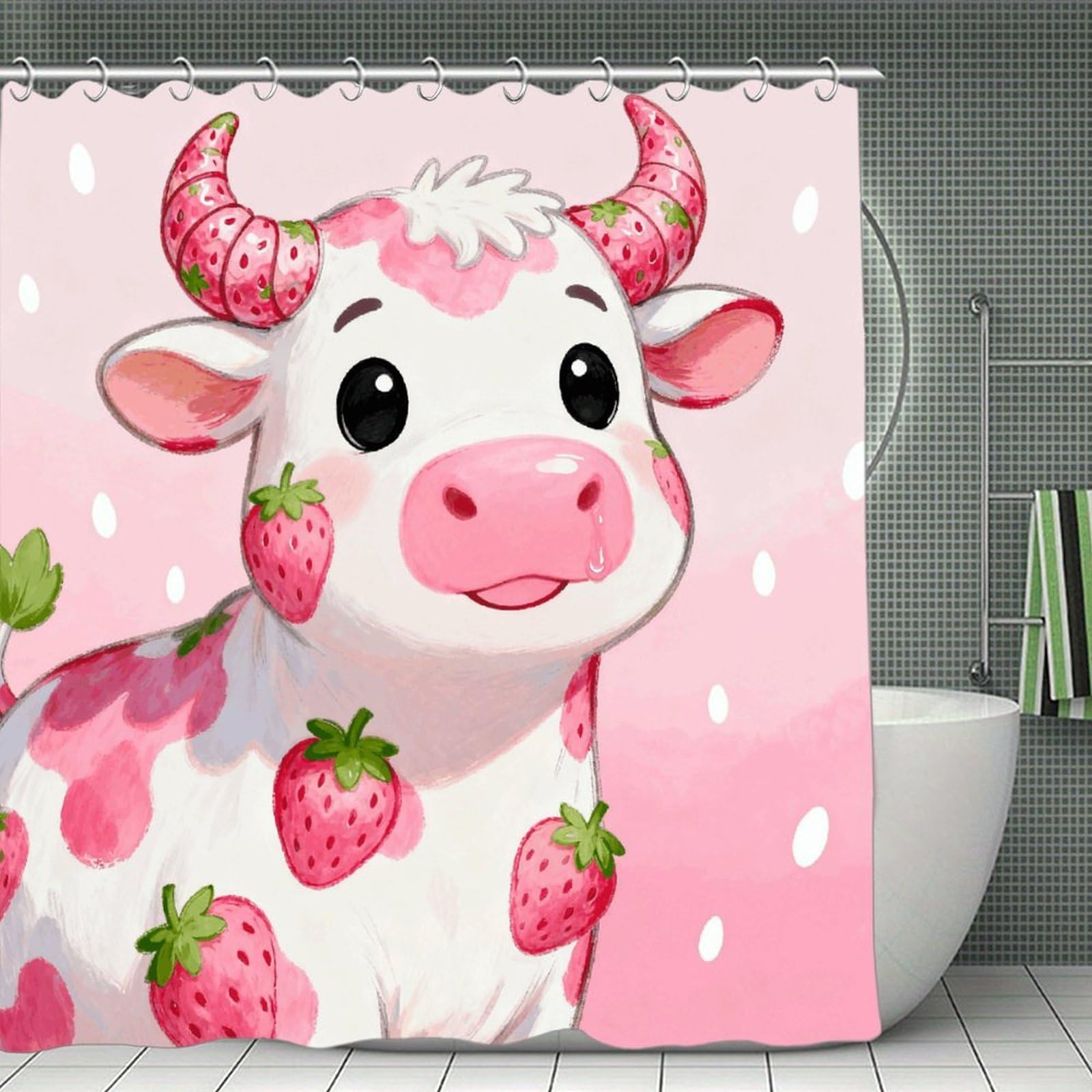 VstaDank Strawberry-Flavored Cute Cow Shower Curtain Light-Weight Blackout Bathroom Curtain Washable Shower Liner 71x71 Inch Bath Curtain with Metal Holes Bathtub Bath Room