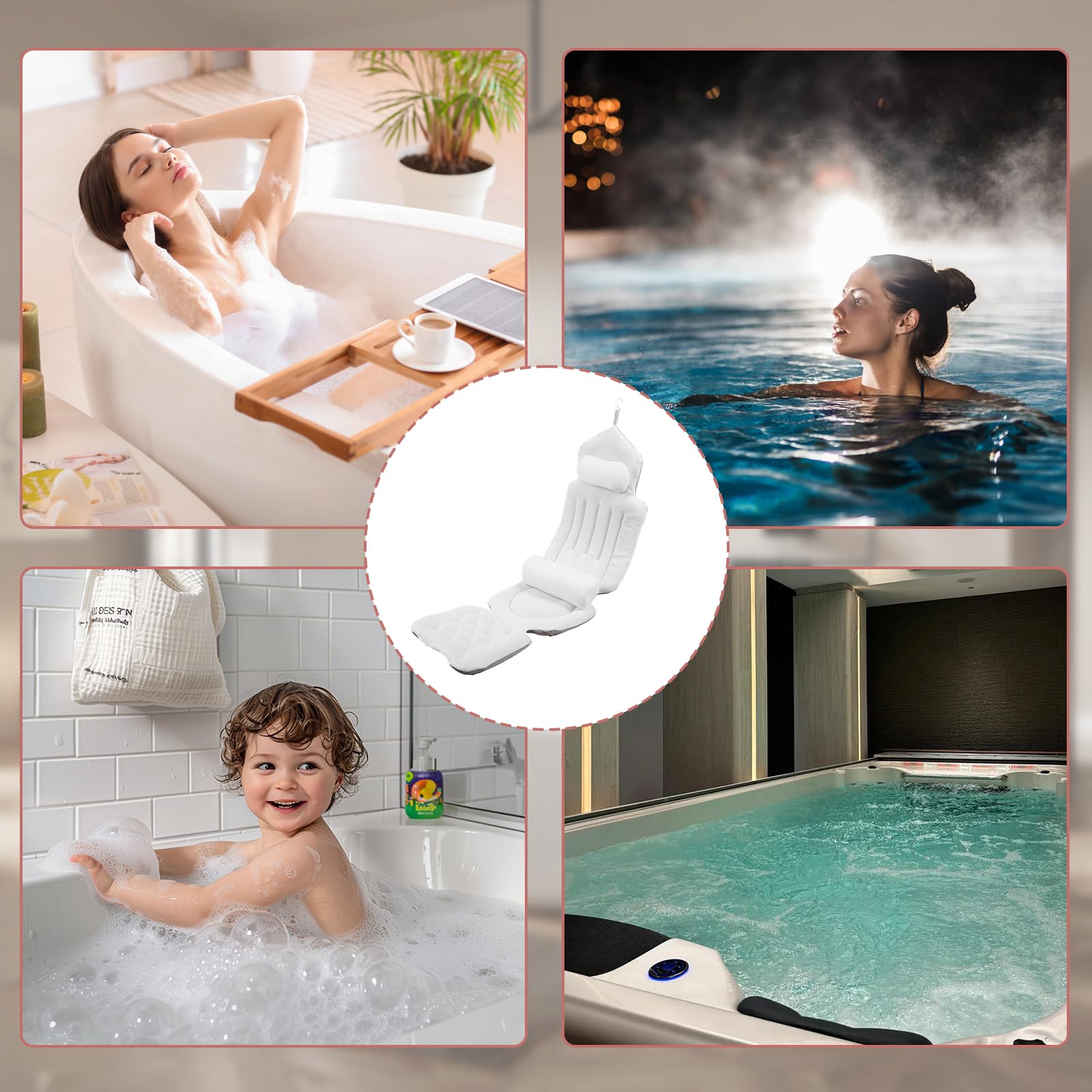 Cojín para Bañera de Cuerpo Entero 134x41cm, 4D Cojin Bañera con con reposacabezas para Cuello, Espalda y piernas, Almohada Bañera con Ventosas Antideslizante y Gancho, para en hoteles, baños de baño