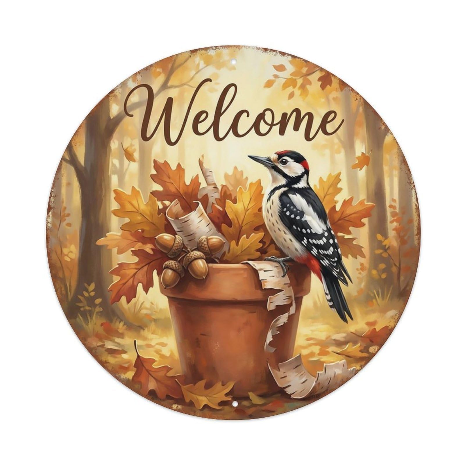 Welcome Woodpecker Autumn Tree Metal Tin Sign