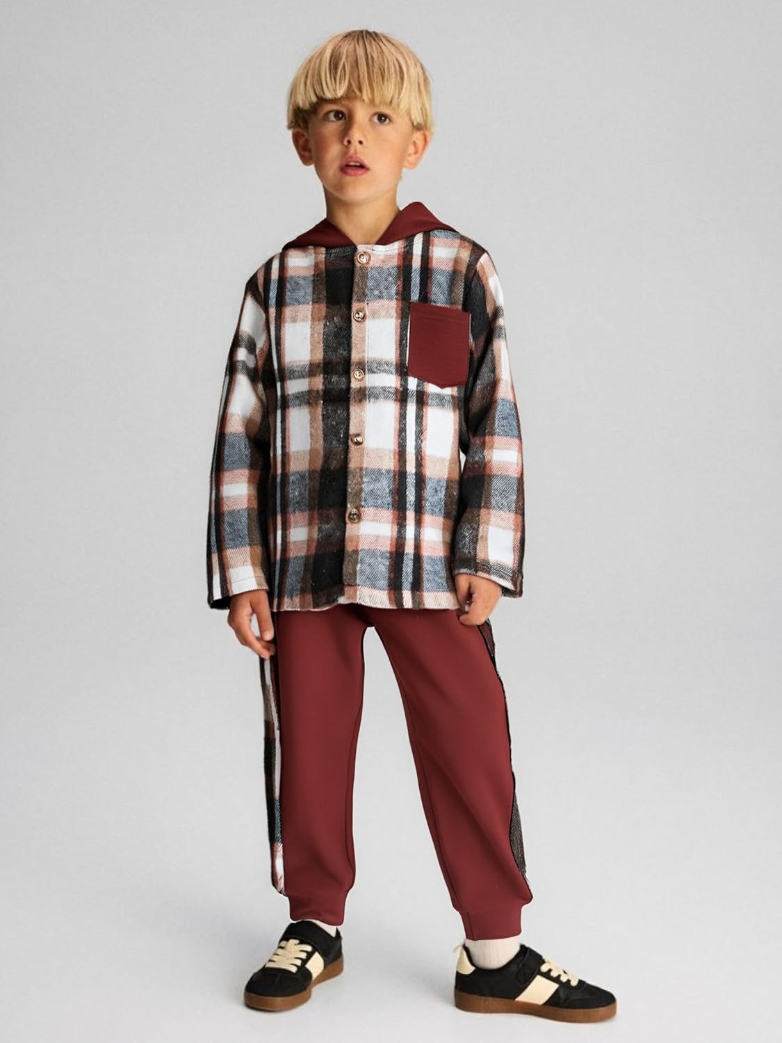 Boys Clothes Plaid Hooded Shirt 2pcs Outfit, Button Front Toddler Fall Winter Hoodie & Sweatpants Set, 4-8 years - Image 2