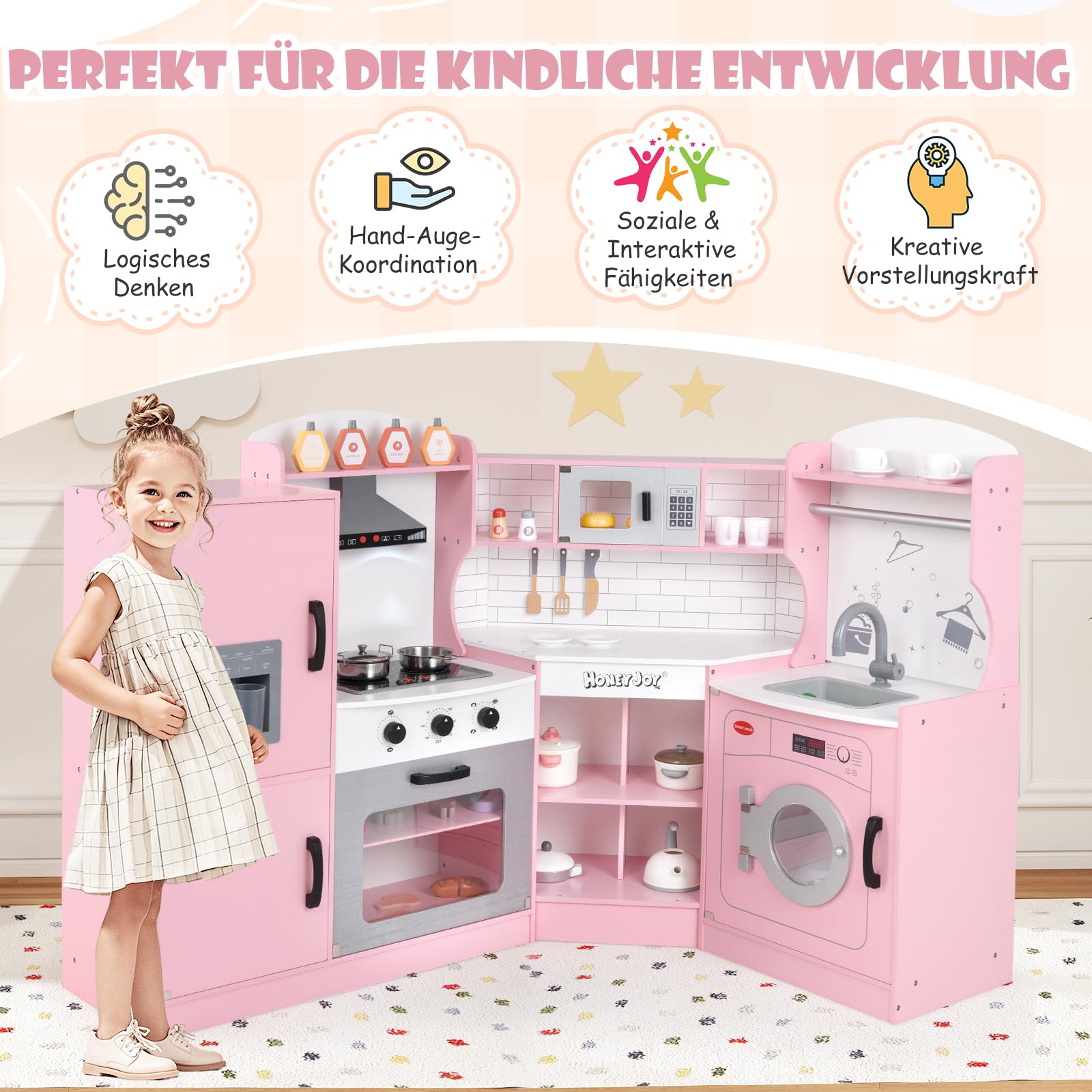 DREAMADE Kinderküche mit Licht und Sound, Kinder Küche Eckküche aus Holz mit Herd Spüle Backofen Waschmaschiene, Spielküche mit 14 TLG. Spielzubehör für Kinder ab 3 Jahren (Rosa)