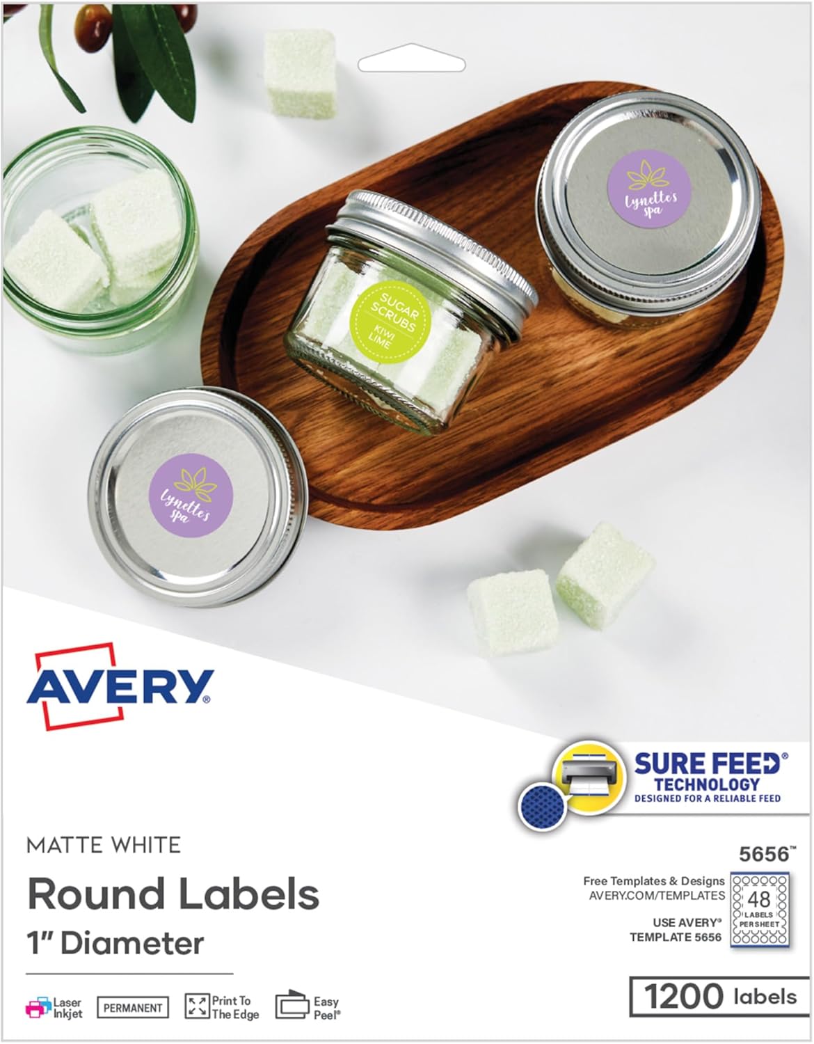 Avery Printable Round Labels, Sure Feed Technology, 1" Diameter, Matte White, Permanent Adhesive, Laser/Inkjet Printable, 1,200 Blank Labels, Great for Product Merchandising, Stickers, and More (5656)
