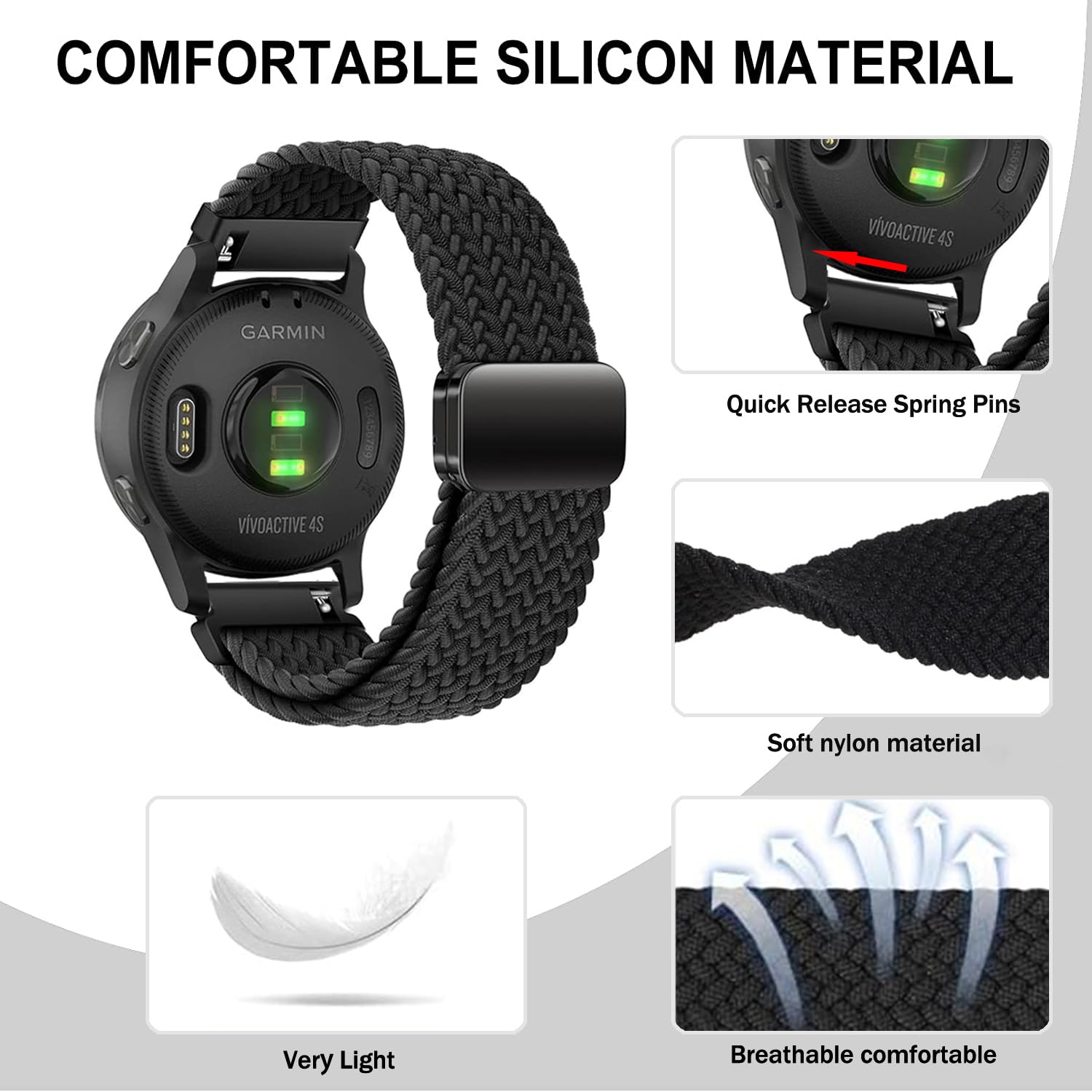 VELULYX Nylon Braided band Compatible with Garmin Venu 2S/Venu 3S/Vivomove 3S/Vivoactive 4S, 18MM Elastic Magnetic Buckle Band for Fossil Ladies Gen 6/Gen 5E/Fossil Ladies Q Venture HR Gen 4/Gen 3 - Image 2