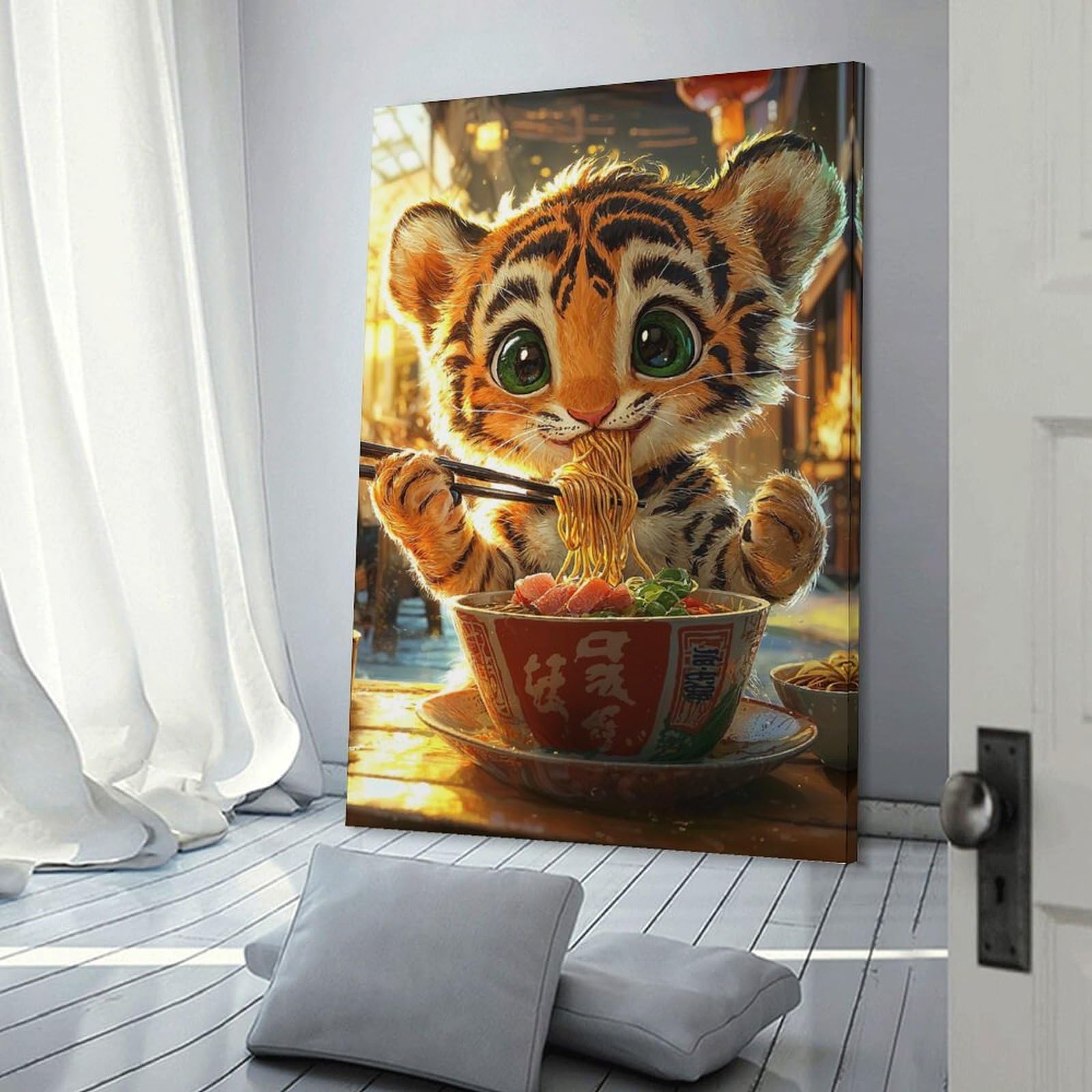 Junmoney Tiger Eating Ramen Wall Art Print, 20x30inch(50x75cm), for Office, Study Or Home Workspace, Decorative Artwork for Productive Spaces