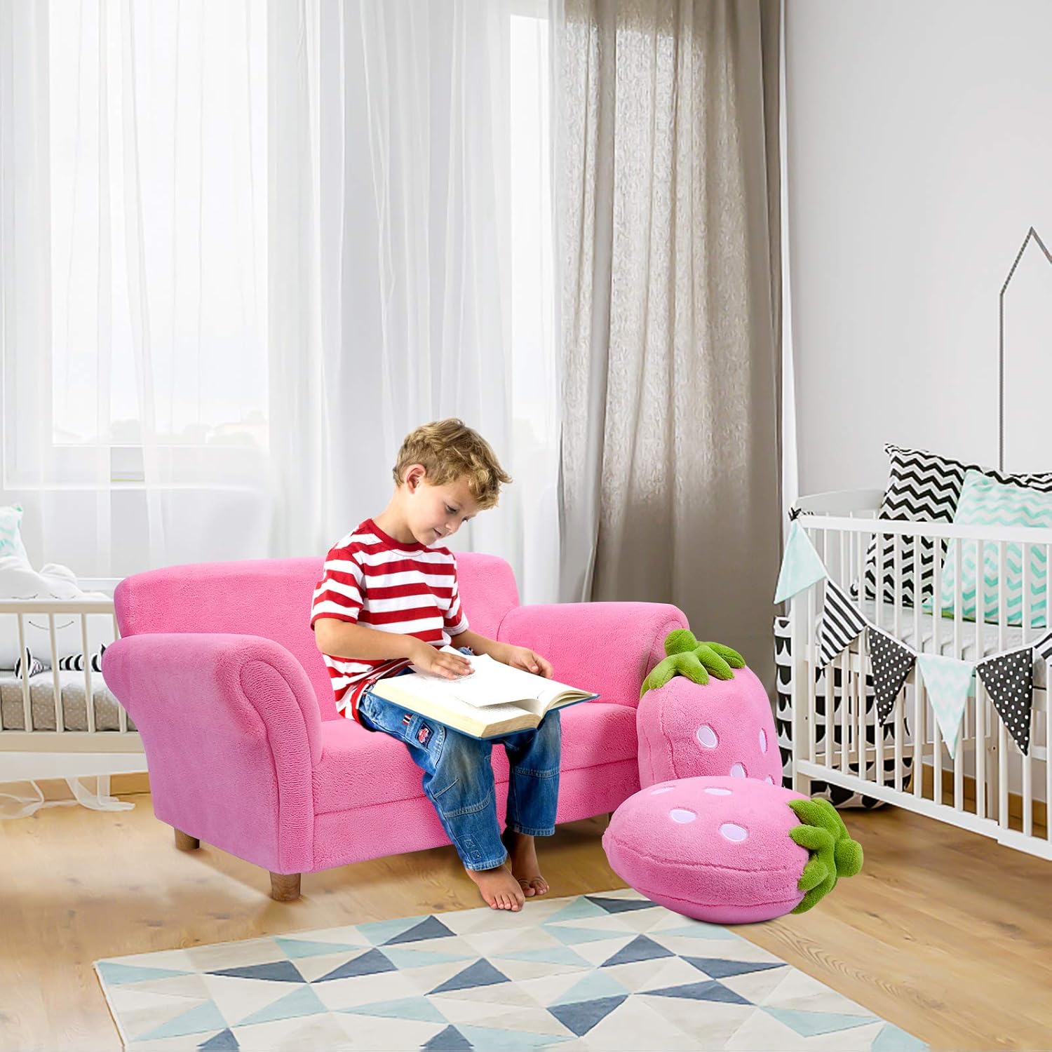 Fireflowery Kids Pink Sofa with Strawberry Pillows