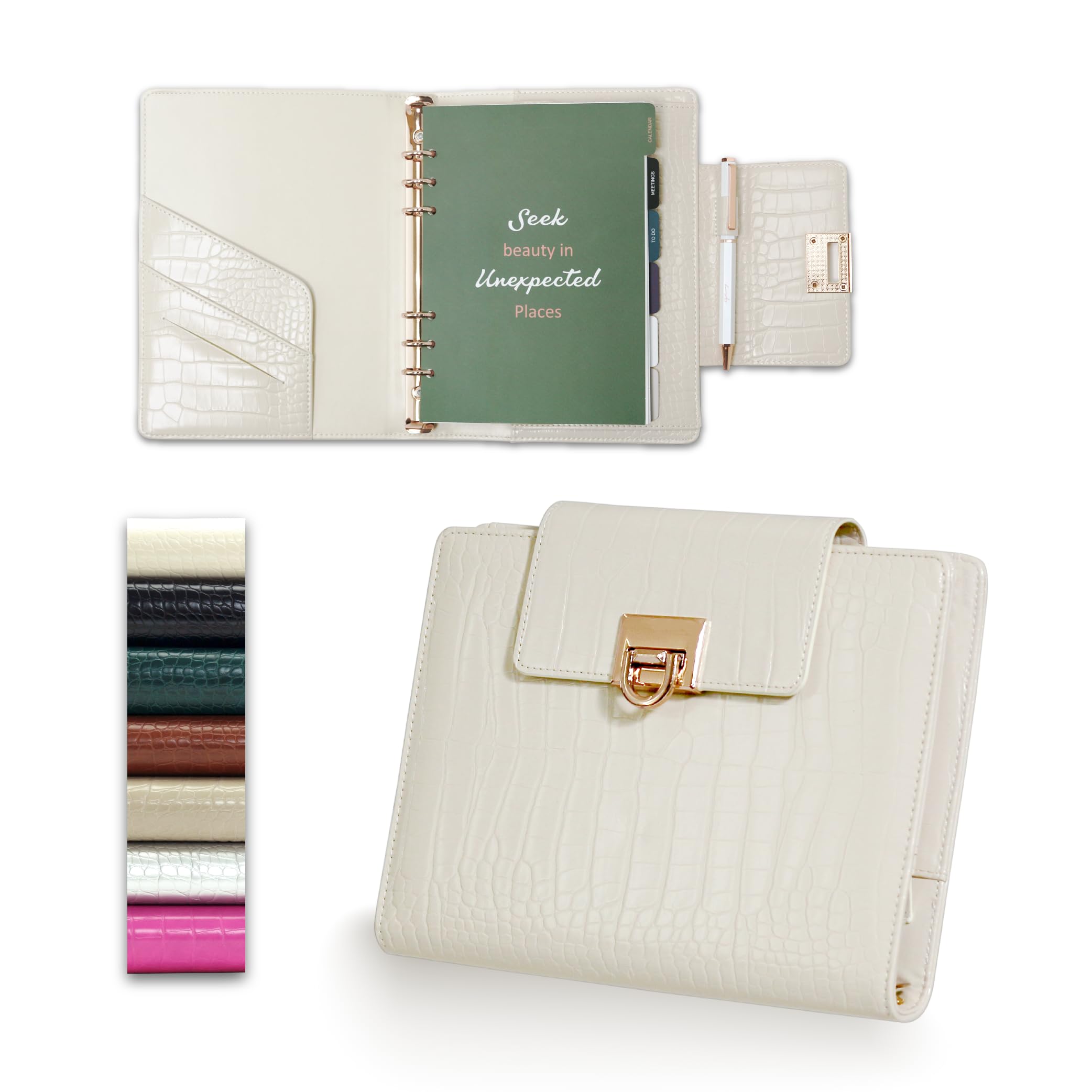 Luxury 5.8" x 8.3" Crocodile-Textured Faux Leather A5 Undated Planner Cover with 80 Sheets, Dividers, Metal Ballpoint Pen, Refillable 6-Ring Journal, Birthday & Mother's Day Gift