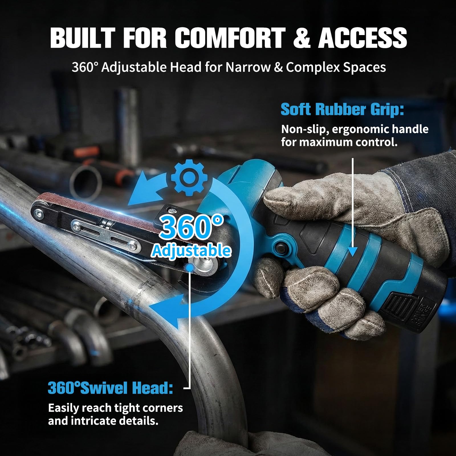Ponceuse à bande électrique sans fil 7000 tr/min, avec 15 bandes abrasives (grains 80-1000) et 2 batteries au lithium de 16,8 V, pour le travail des métaux, le travail du bois et les surfaces courbes