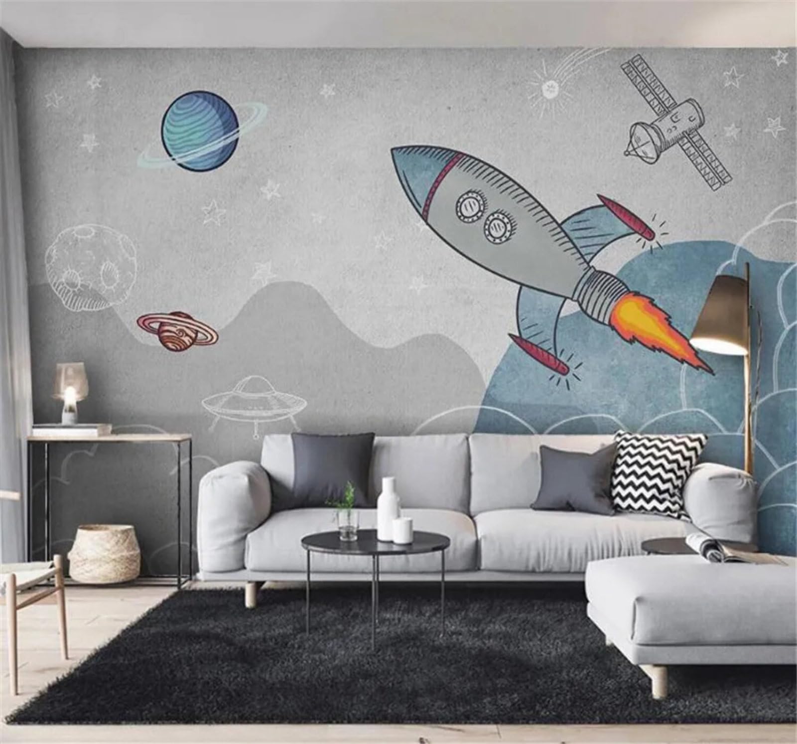 Tzxztt Minimalist Hand Drawn Rocket Starry Sky Planet Modern 3D Wallpaper Premium Textured Silk Neutral Tones Material Ideal for Living Room Bedroom-400cm×280cm