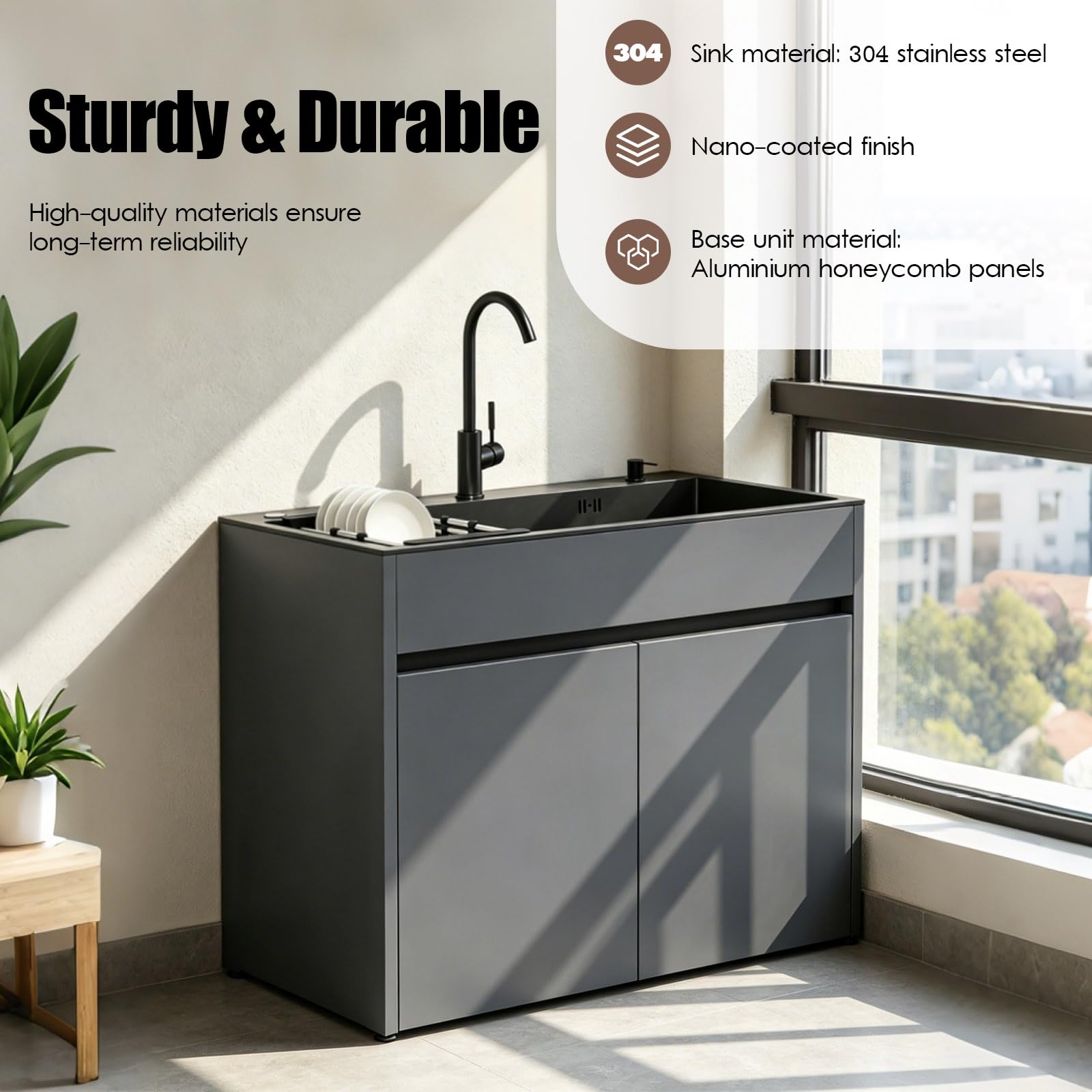 Mueble Fregadero con Cubeta de Acero Inoxidable Negro para Lavadero y Garaje, armario de almacenamiento de aluminio de panel de abeja con grifo, dispensador de jabón y cesta extraíble, ajustable