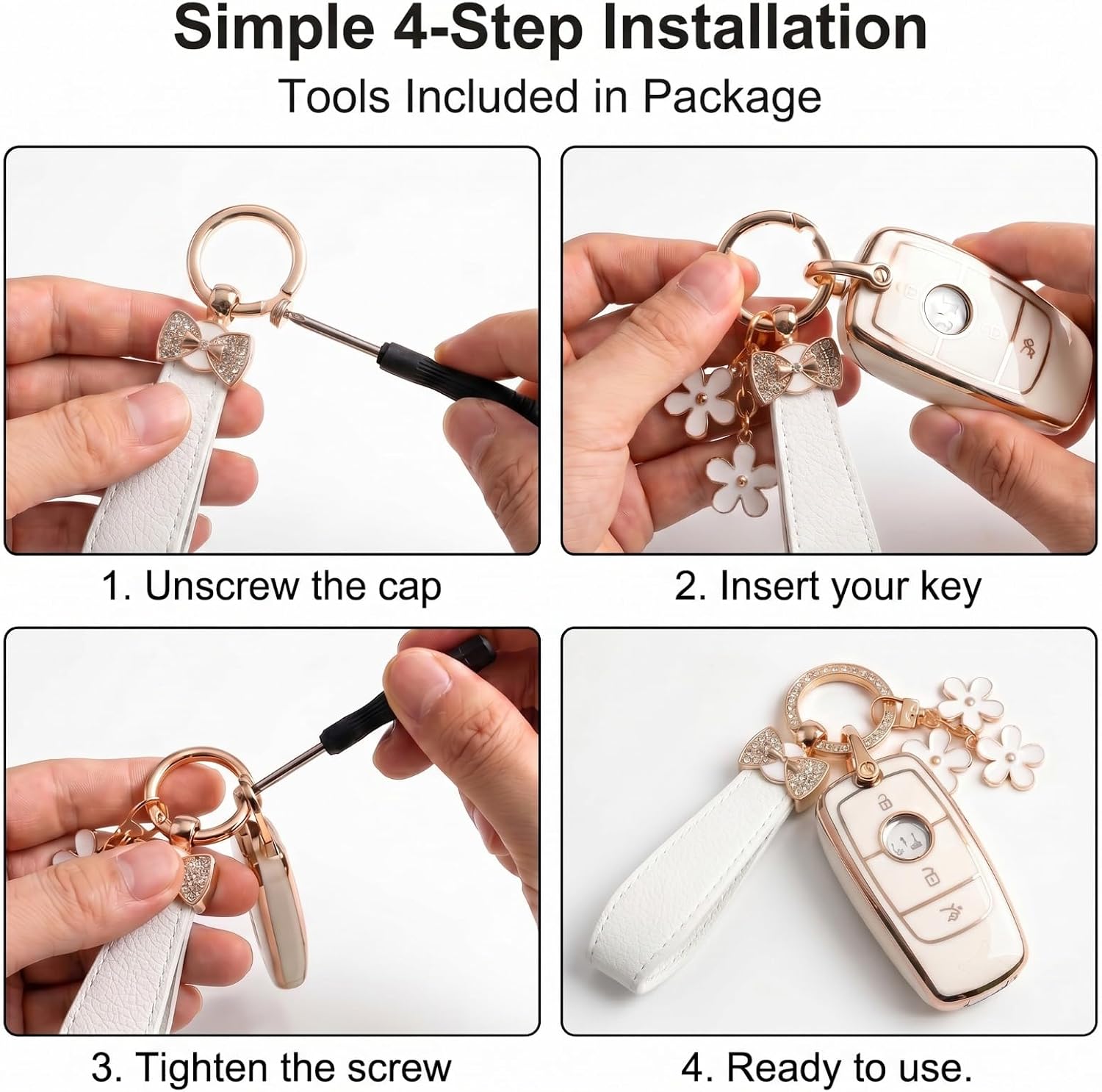 Leather Bow Flower Keychain, Cute Car Key Chain with Anti-Lost D-Ring and Screwdriver, Car Accessories Keychain Wristlet, Universal Keychain for Most Carkeys (White) image 4