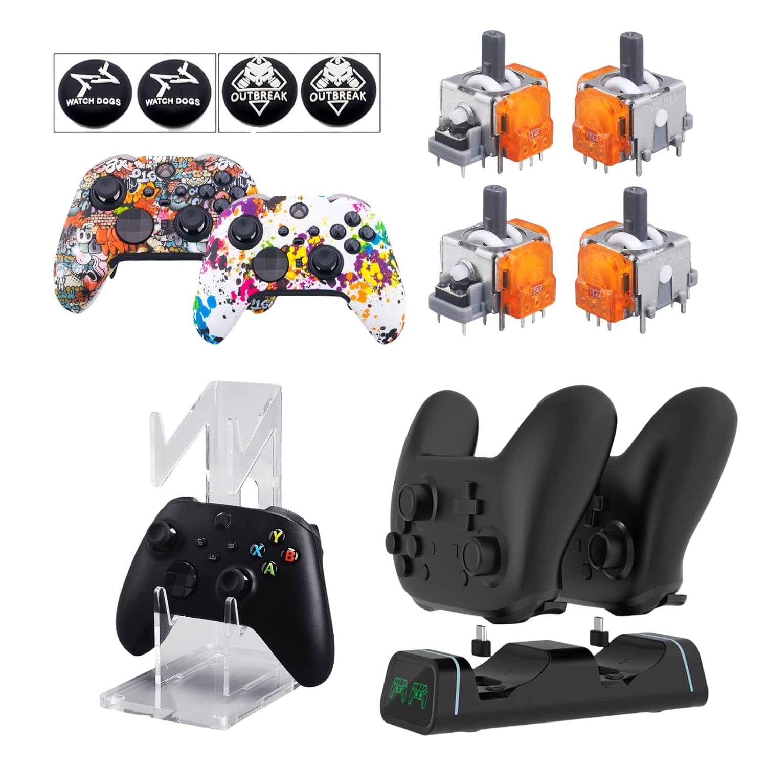 10-Piece Accessories Kit for XB, Compatible with Xbox Series X/S/ONE – Controller Stand, Charging Dock, 4 TMR Sensors, and 4 Thumb Grips (Type B)
