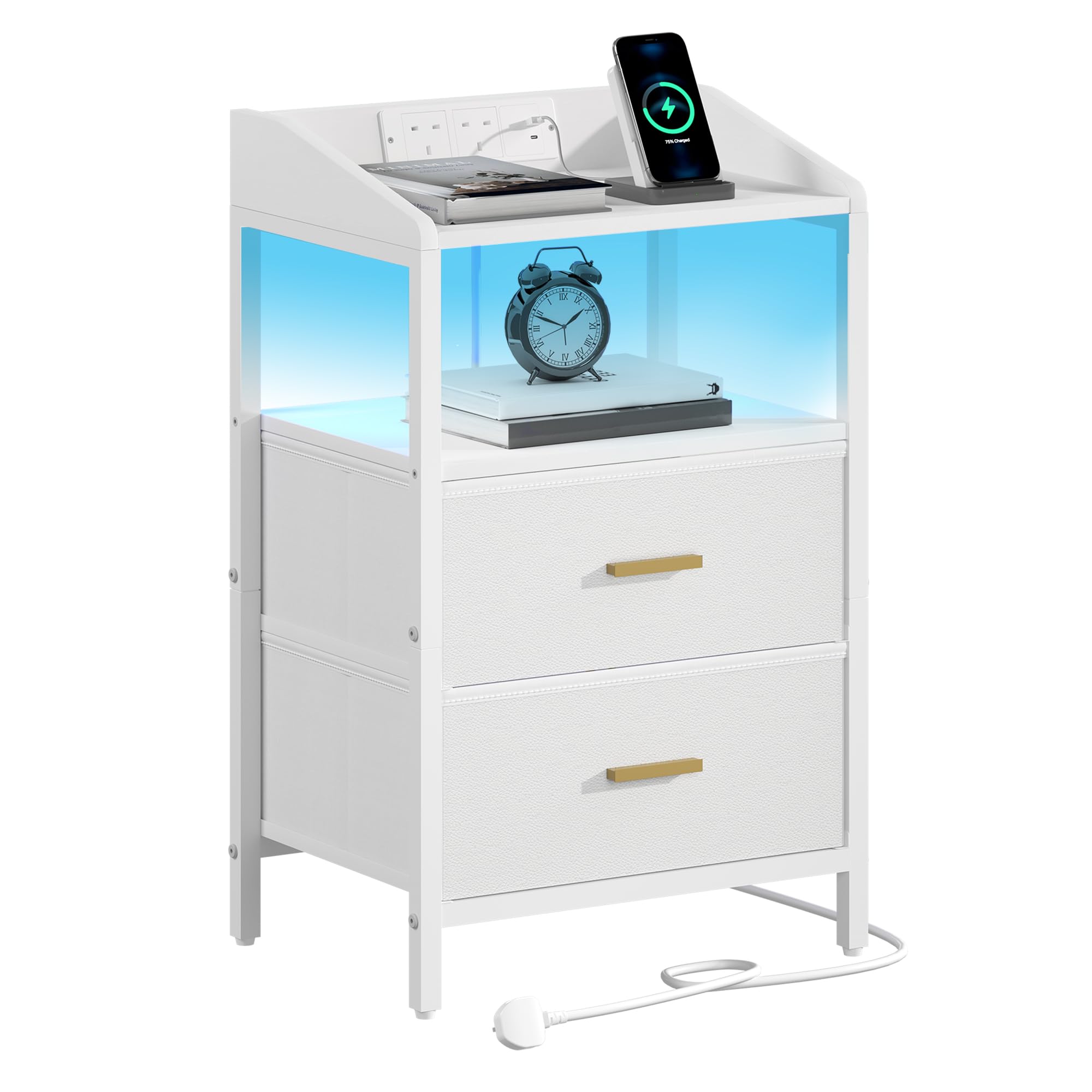 Hzuaneri Bedside Table, Charging Station and LED, White