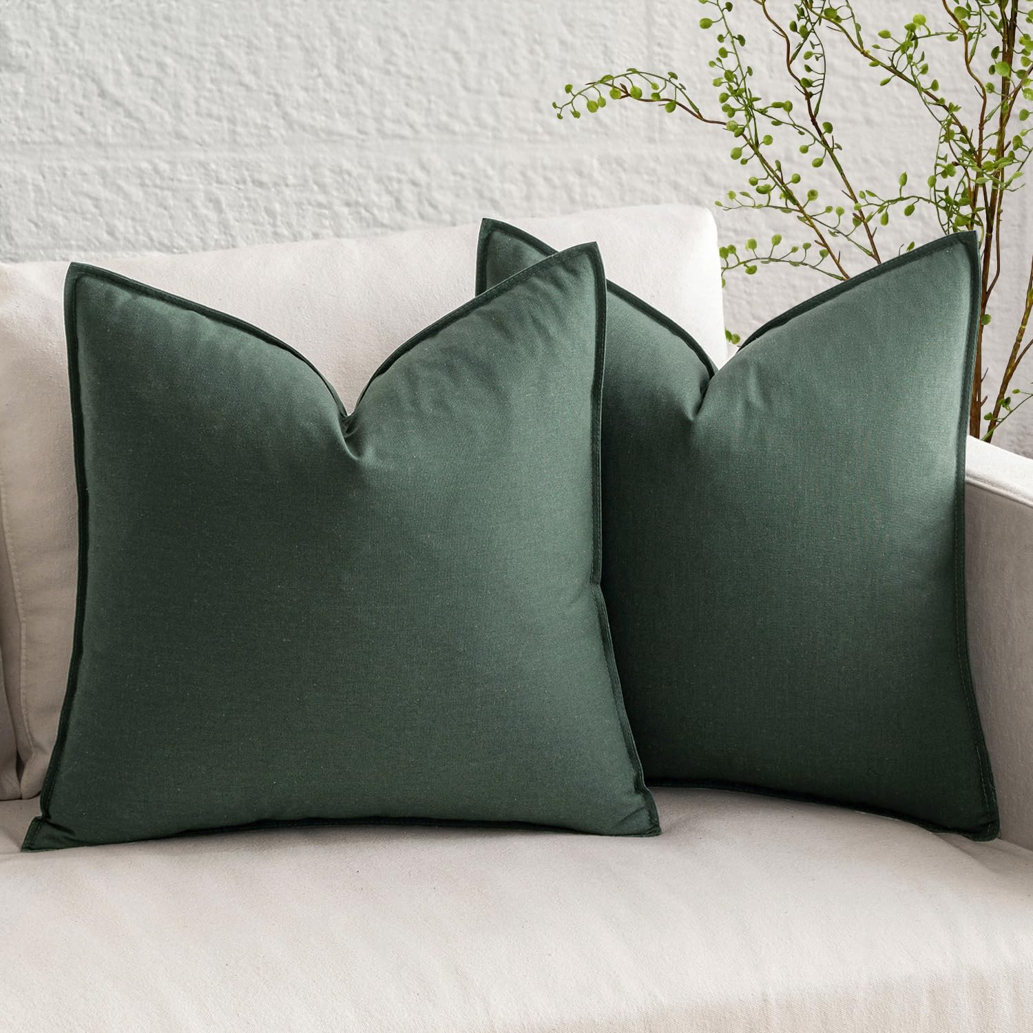 MIULEE 24x24 Inch Pack of 2 Decorative Linen Pillow Covers Boho Farmhouse Modern Soft Accent Euro Shams Throw Pillows for Bed Neutral Cushion Covers Sofa Couch Living Room Home Decor, Dark Green