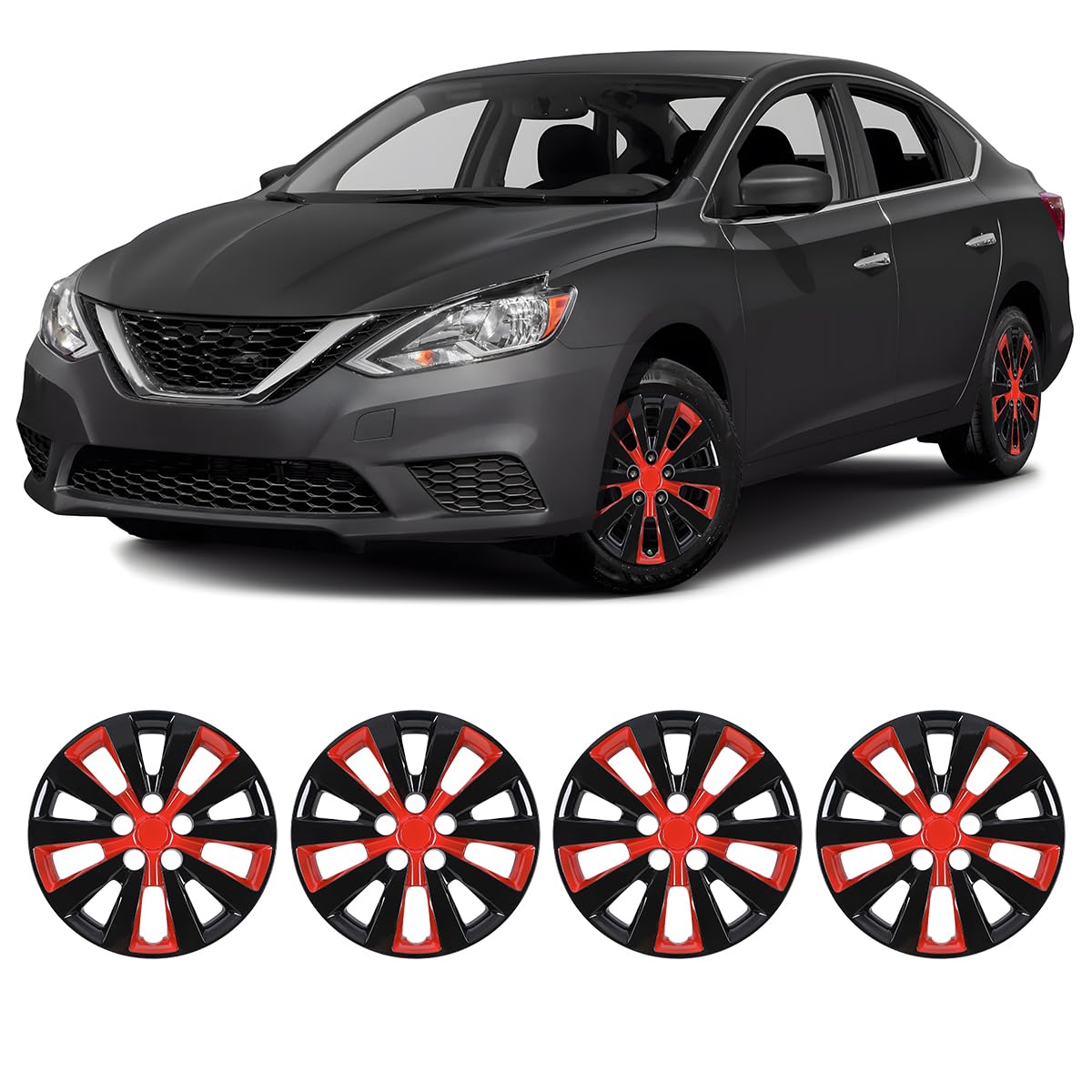Winjet 16 inch Set of 4 Steel Wheel Hubcaps for 2013-2019 Sentra &amp; 2011-2017 Nissan Leaf Wheel Rims Cover,Snap On Installation PP Material (Black Lacquer &amp; Red Lacquer)