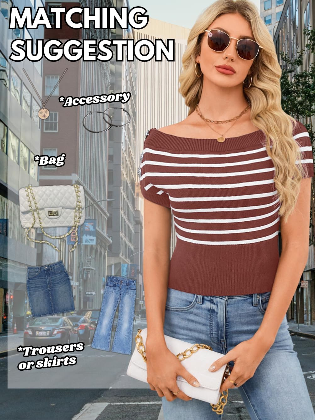 Women Sexy Boat Neck Off Shoulder Sweater, Short Cap Sleeve Striped Knit Crop Top, Spring Summer Trendy Casual Outfit - Image 7