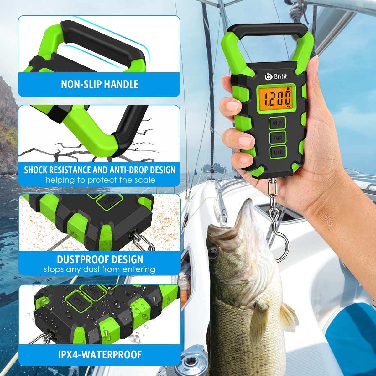Brifit Pesca Digital, Báscula Electrónica para Equipaje, Báscula de Gancho Colgante Postal de Pesca Máxima de 55 kg con Cinta Métrica, Pantalla LCD Retroiluminada - Verde