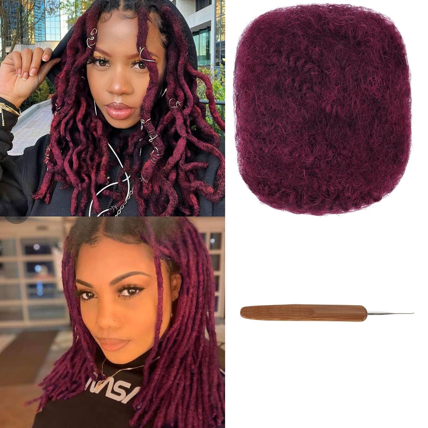 PORSMEER Afro Kinkys Curly Bulk Human Hair for Womens or Mens Dreadlocks & Loc Extensions Faux locs Braiding Twist 8 inch 30g/Pack 100% Human Hair (Burgundy)