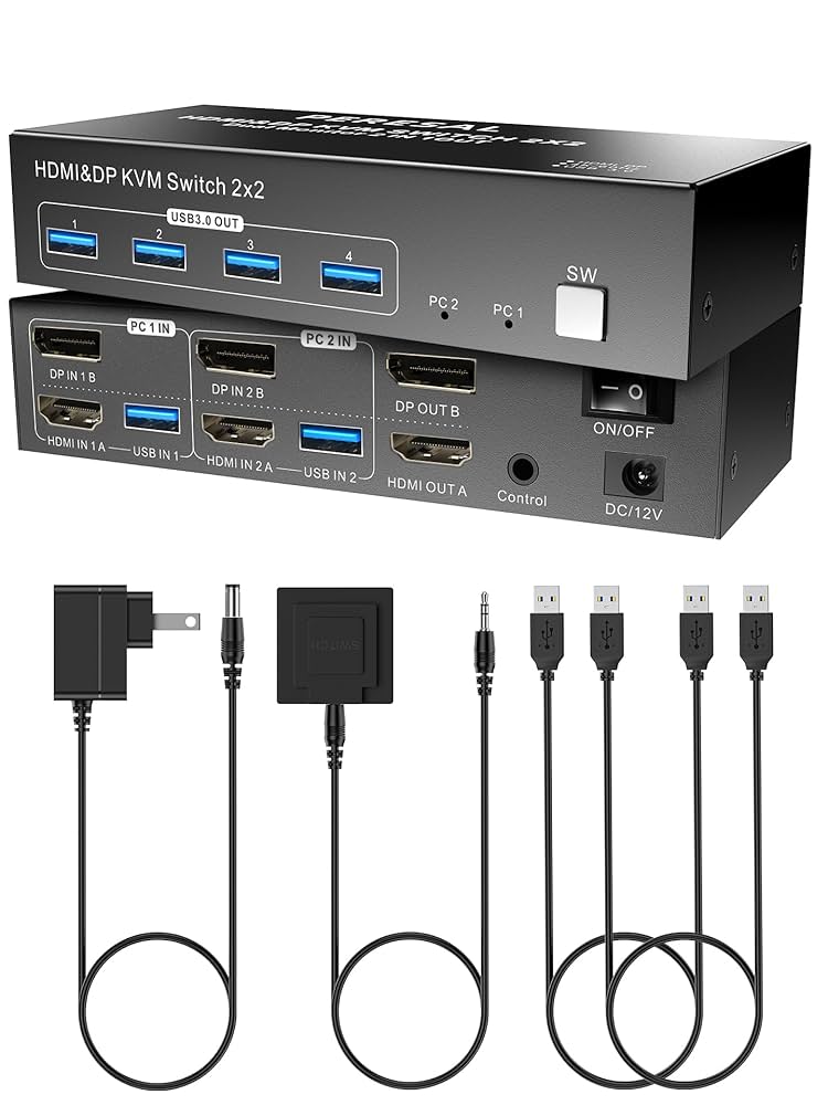 デュアルモニター KVM HDMI+DPスイッチ 2 ポート デュアルモニター KVM スイッチ HDMI+DP 4K60Hz USB3.0