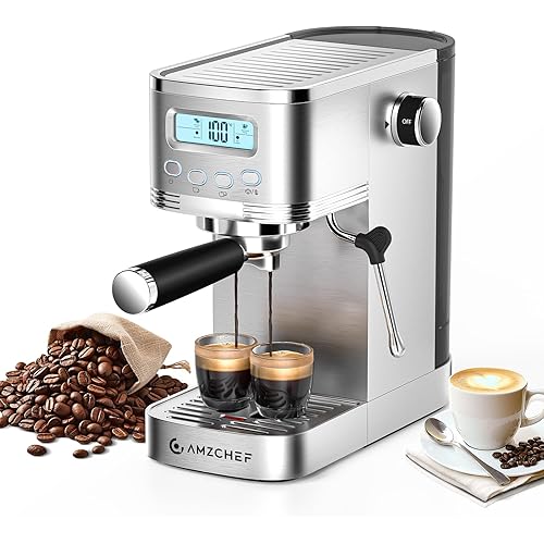 AMZCHEF Espresso Machine with LCD Display, 20 Bar Cappuccino Machines with Milk Frother for Home Gifts, Latte Coffee Maker with Dual Wall & Filters, Stainless Steel Style sliver
