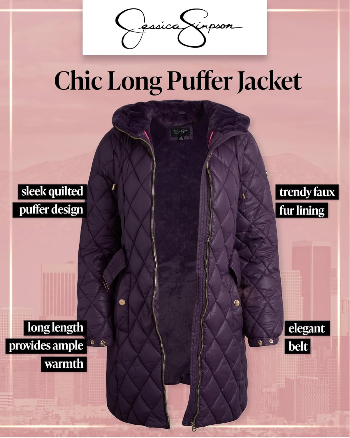 Jessica Simpson Women's Long Puffer Coat - Belted Faux Fur Lined Hooded Winter Coat - Quilted Puffer Jackets for Women (S-XL) - Image 3