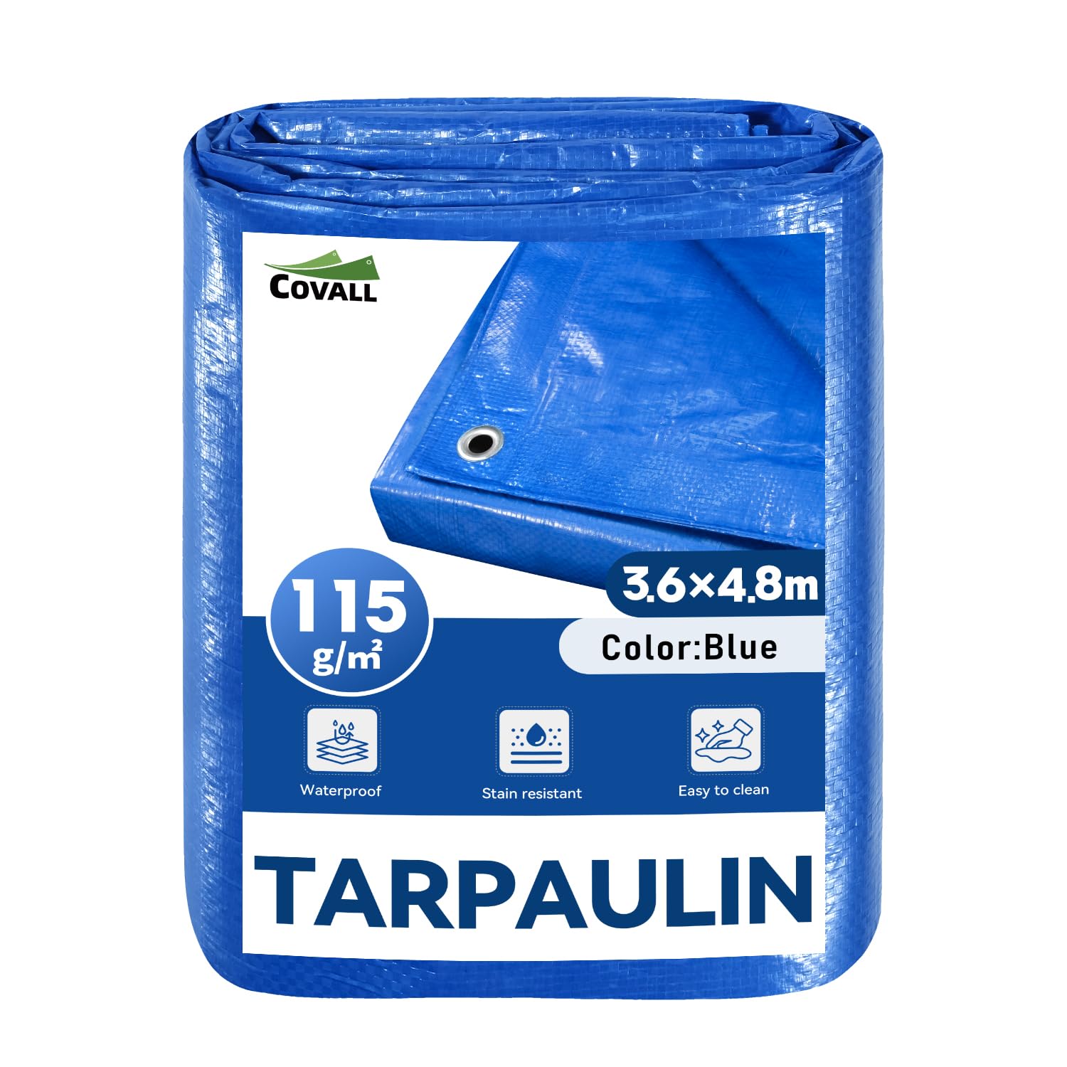 COVALL Tarpaulin Waterproof Heavy Duty 3.6m x 4.8m (11.8x15.7ft) -115gsm Blue Plastic Sheeting Weatherproof & Tear-Resistant Cover For Garden,Camping,Roof,Pool,RV