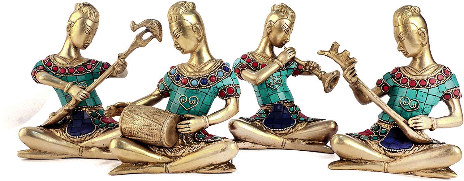 SkyWalker Hand Crafted Brass Stone Work Musical Ladies Figures (Standard, Gold)-Set of 4
