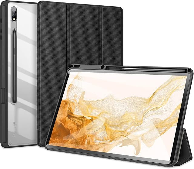 Case for Samsung Galaxy Tab S8 Plus / S7 Plus / S7 FE 12.4 inch, Tablet Trifold Case Cover Transparent PC Back Shell with Pencil Slot/Auto-Wake, Black