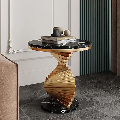 Miniatura 2 de QQXX Mesa auxiliar moderna de mármol, mesa auxiliar redonda de mármol con base de metal dorado, mesa auxiliar de mármol para sala de estar,