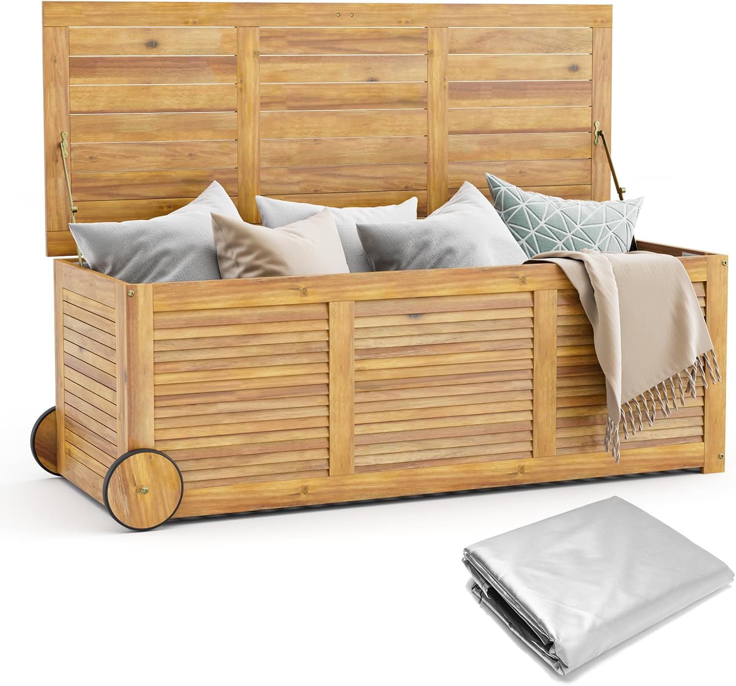HOMASIS Storage Box 182 L with Wheels Acacia Wood Garden Box Cushion Box with Waterproof Inner Pocket Garden Box with Handle Cushion Chest 150 kg Load Capacity Storage Chest Cushion Chest