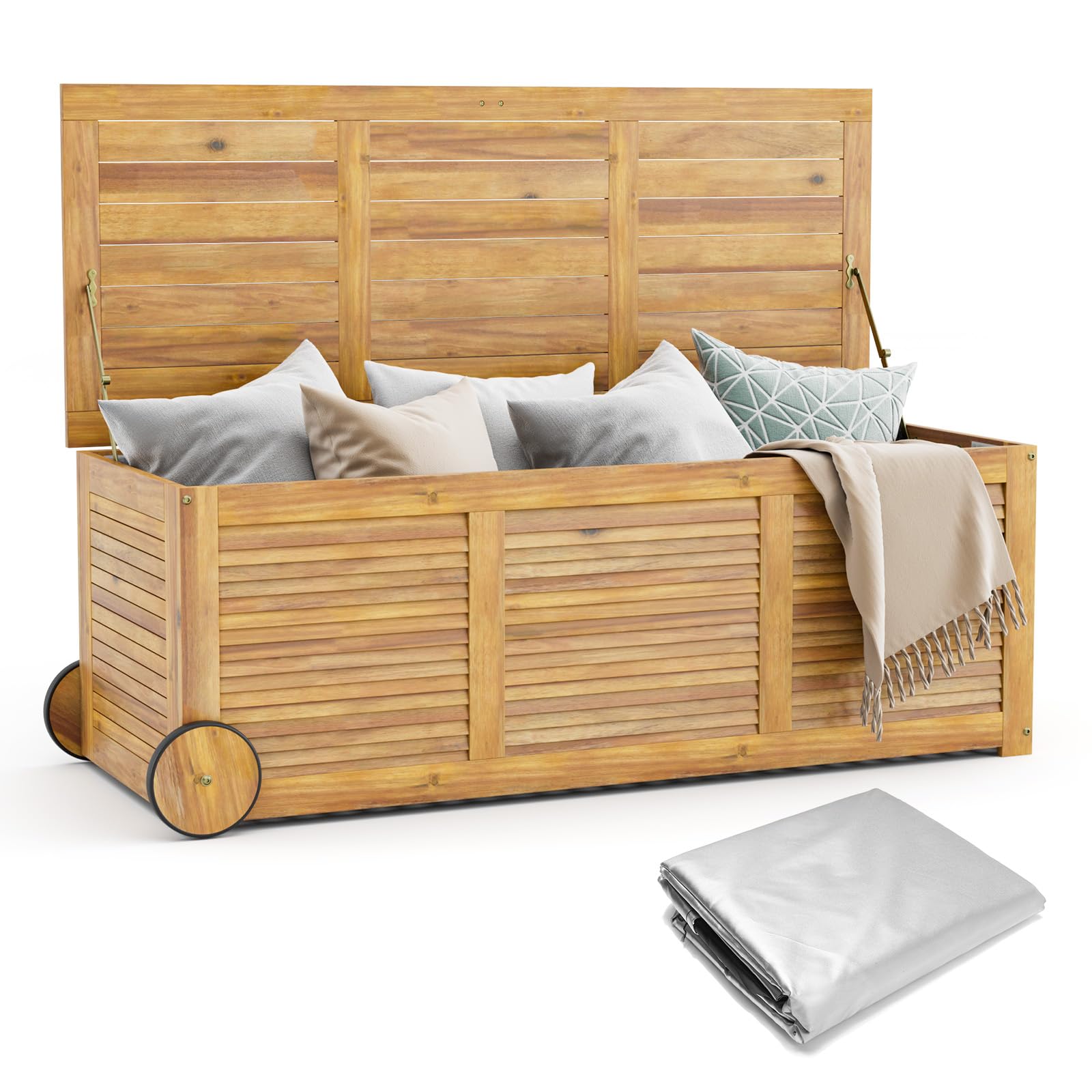 HOMASIS Auflagenbox 182L mit Rollen, Gartenbox aus Akazienholz, Kissenbox mit wasserdichte Innentasche, Gartenbox Gartentruhe mit Griff, Auflagentruhe 150 kg belastbar, Aufbewahrungstruhe Kissentruhe