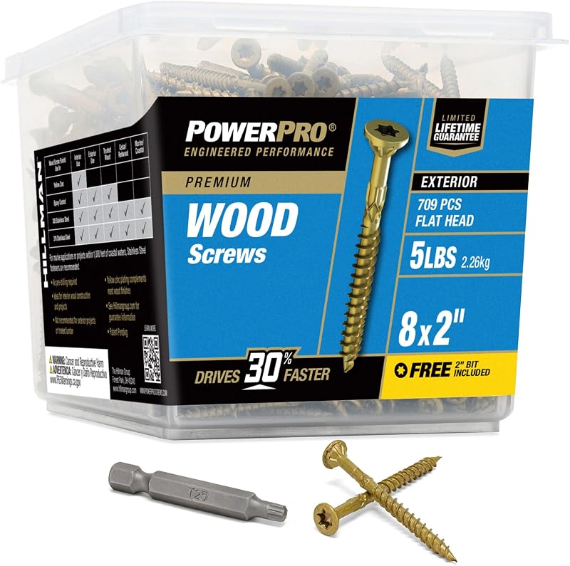 Power Pro Exterior Wood Screws, #8 x 2in, 5lb Box, 709 Pieces, Bronze | Epoxy finish, Self-drilling point and star/torx drive with T25 bit for decking and treated lumber, No pre-drilling required