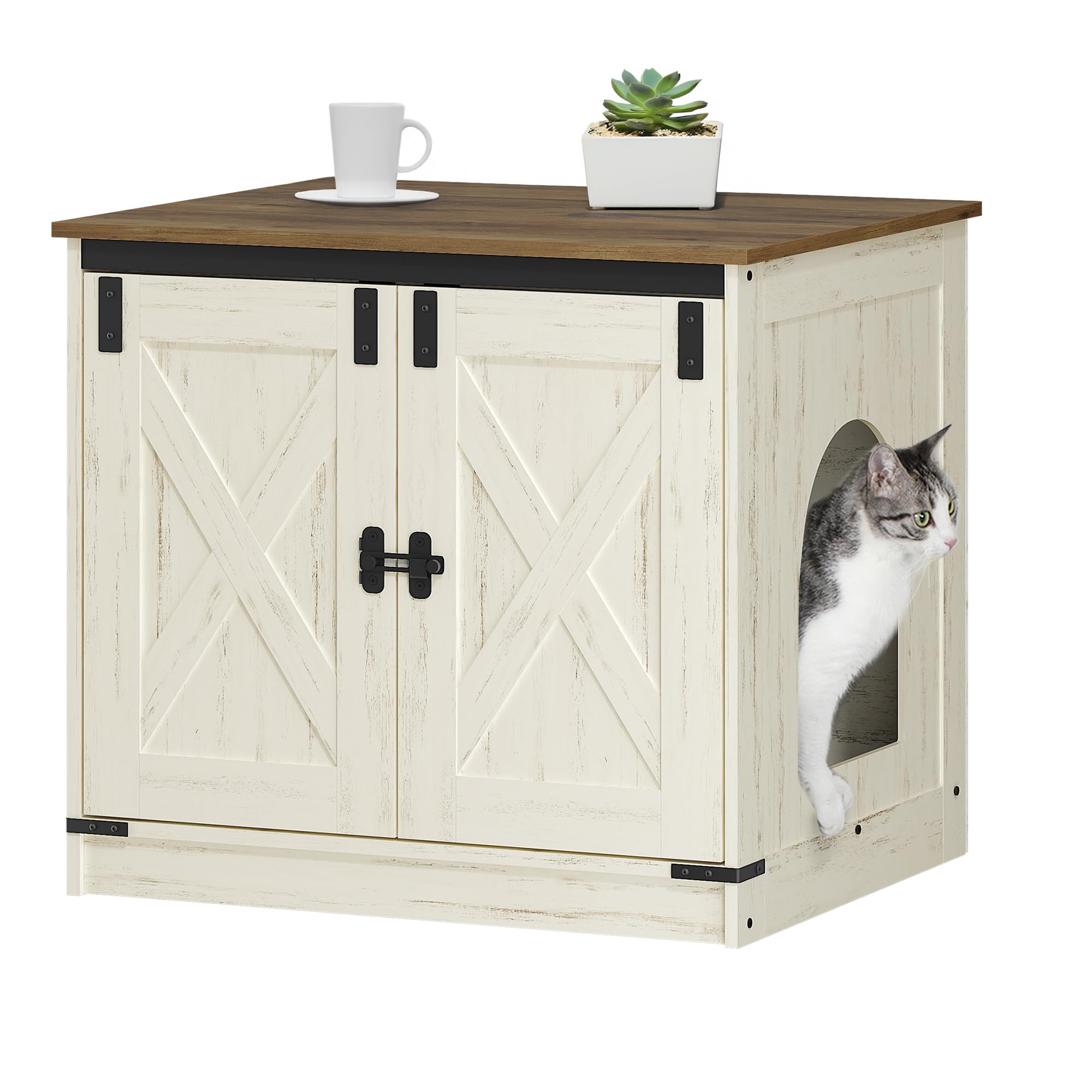 Hzuaneri Cat Litter Box Enclosure, Hidden Litter Box Furniture with Detachable Dividers, Reversible Entrance Left or Right Side, Wooden Cat House, 60 x 50 x 54 cm, Rustic Brown and White CB84514X
