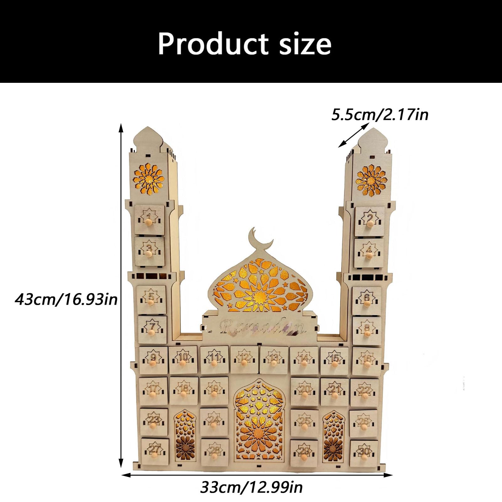 ordinarYone Calendario per conto alla rovescia dei castelli del Ramadan, con luce a LED e 30 cassetti, in legno, decorazioni per l'avvento per feste islamiche