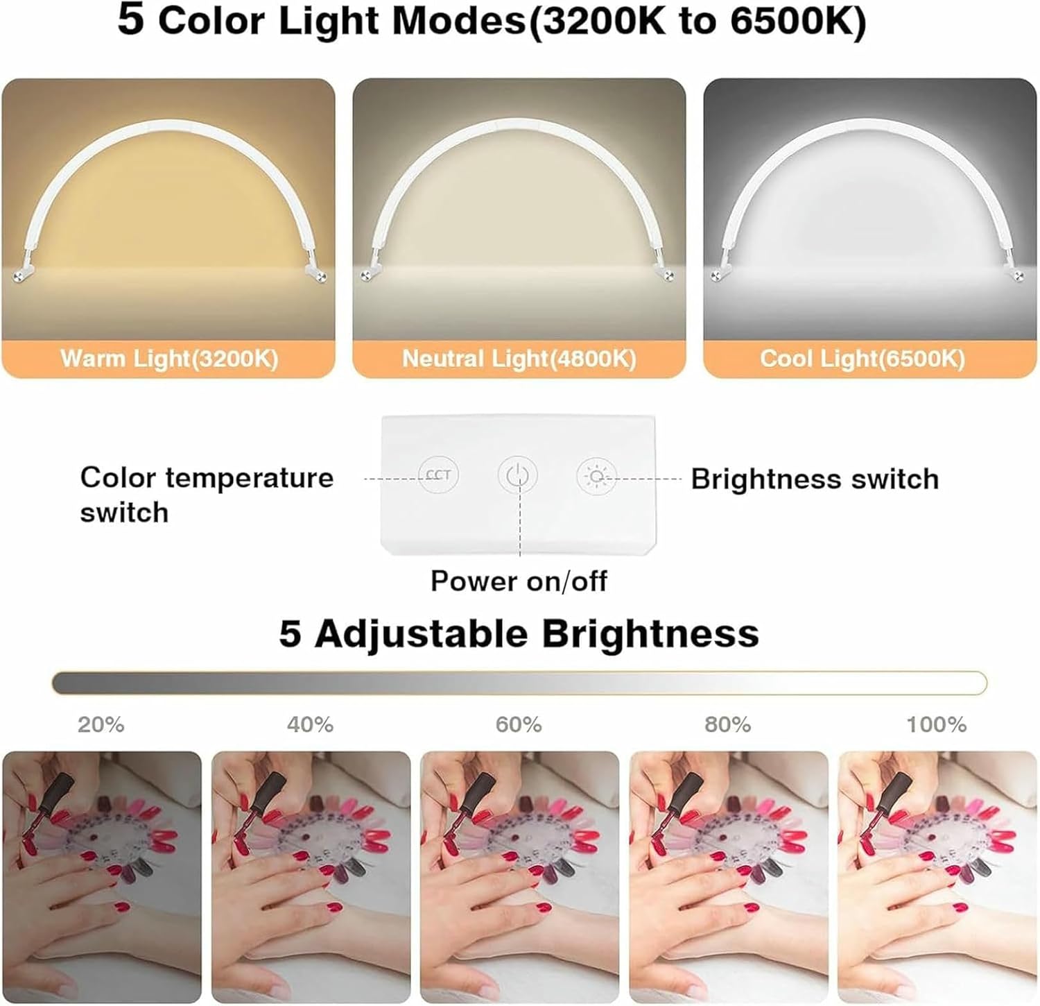 30-in Half-Moon Nail Lamp - LED Foldable Lamp, 45w Moon Light with Holder, 3200K to 6500K, Adjustable Brightness, 2 Control Mode - Salons and Home Use..
