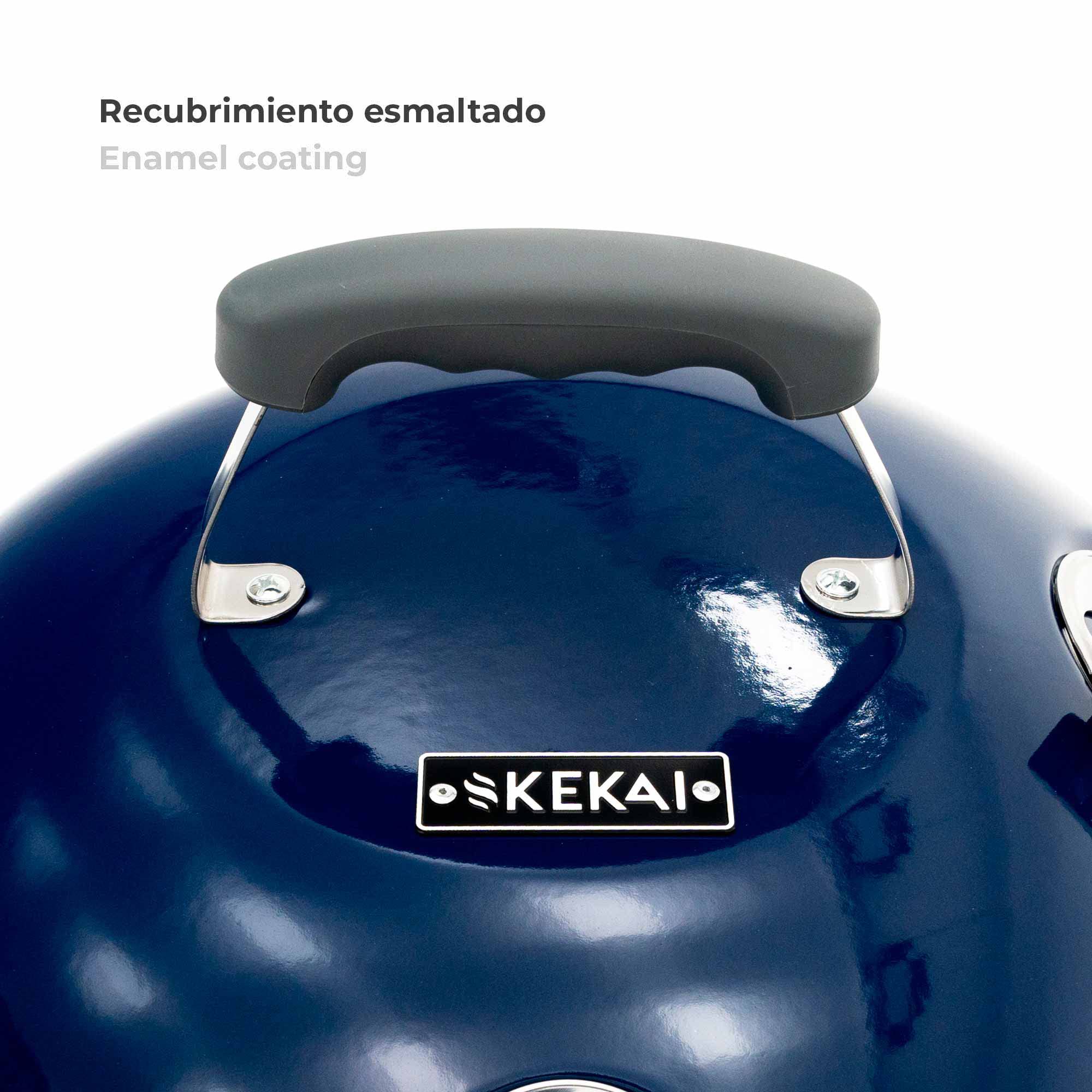 KEKAI Barbacoa de Carbón Portátil con Ruedas Yellowstone 58x47x100 cm de Acero Inoxidable Redonda con Tapa Protectora y Encendedor Acabado Esmaltado en Azul